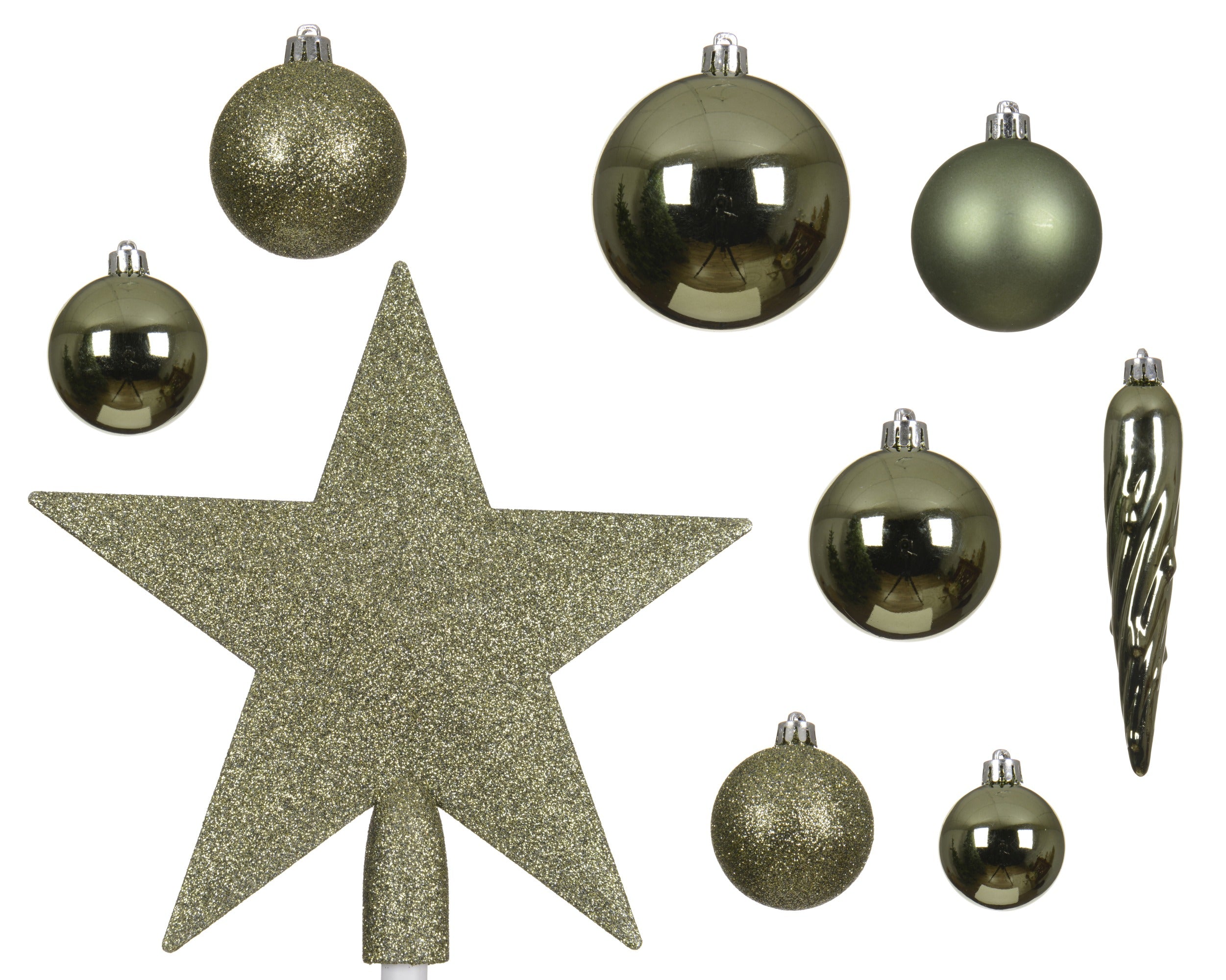 Kerstballen + piek kunststof glans/mat/glitter mix 8cm 6cm 5cm - rozemarijn 33st. green assortiment