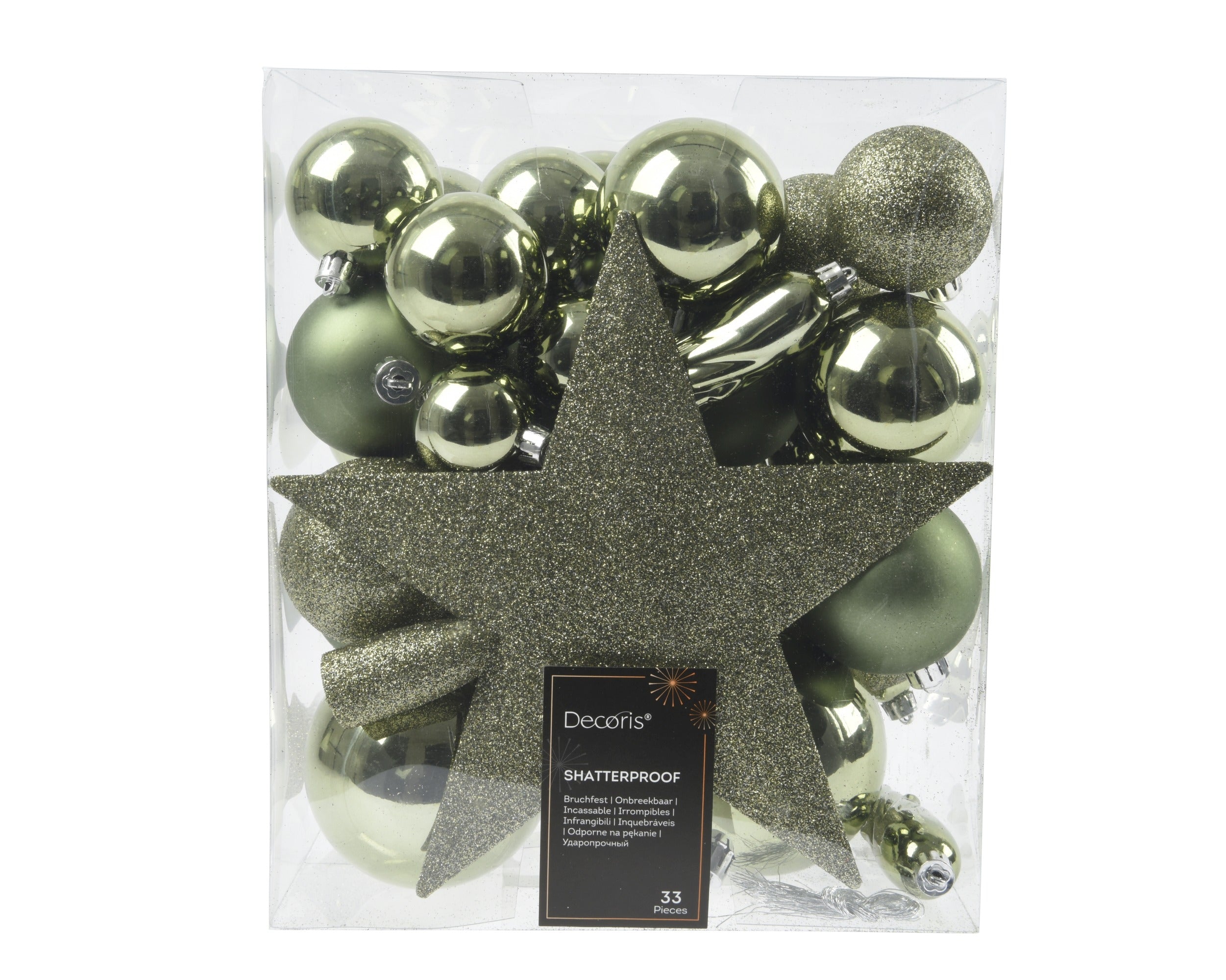 Kerstballen + piek kunststof glans/mat/glitter mix 8cm 6cm 5cm - rozemarijn 33st. green assortiment
