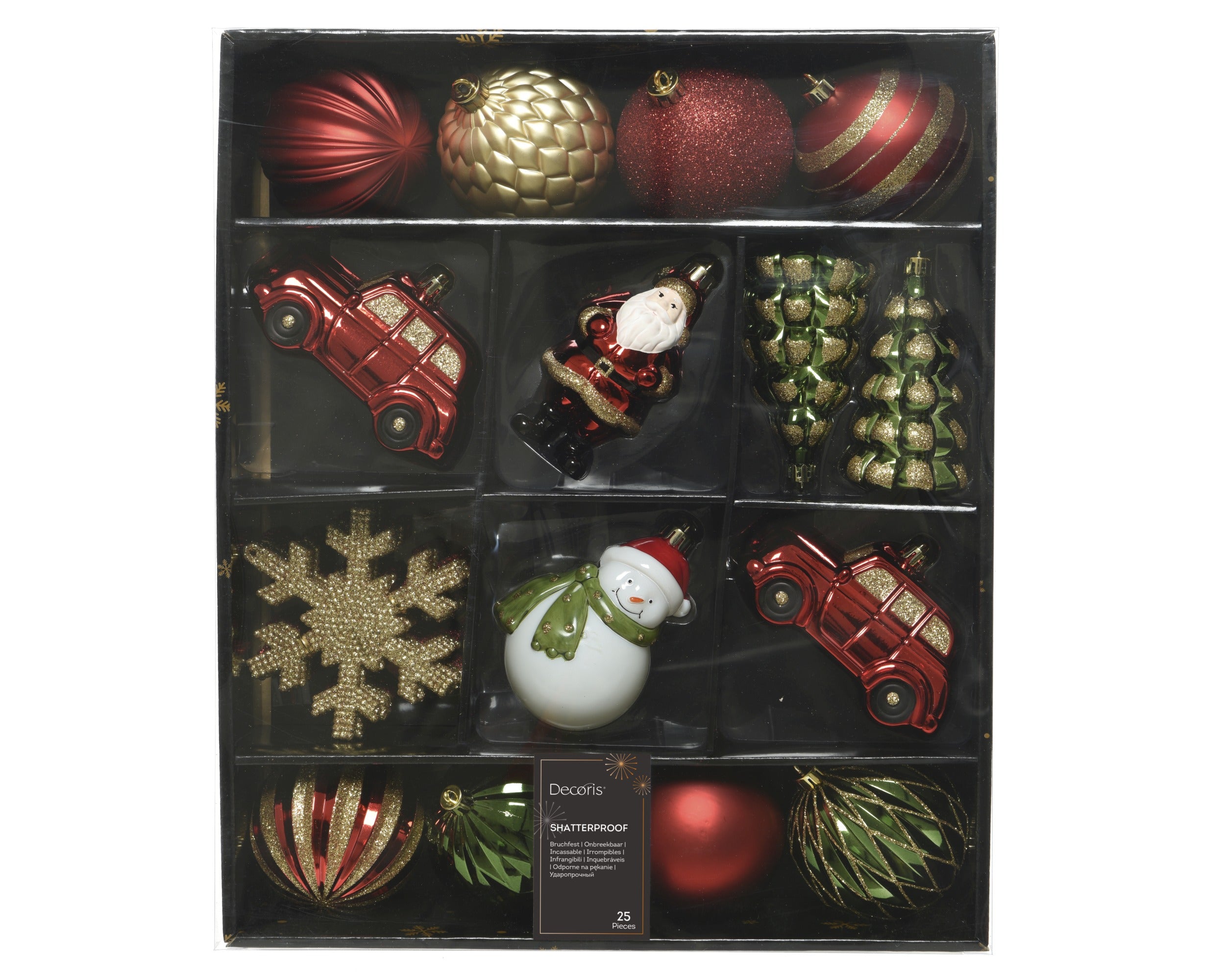 Kerstballen box kunststof glans/mat/glitter mix - rood/groen/goud 25st.
