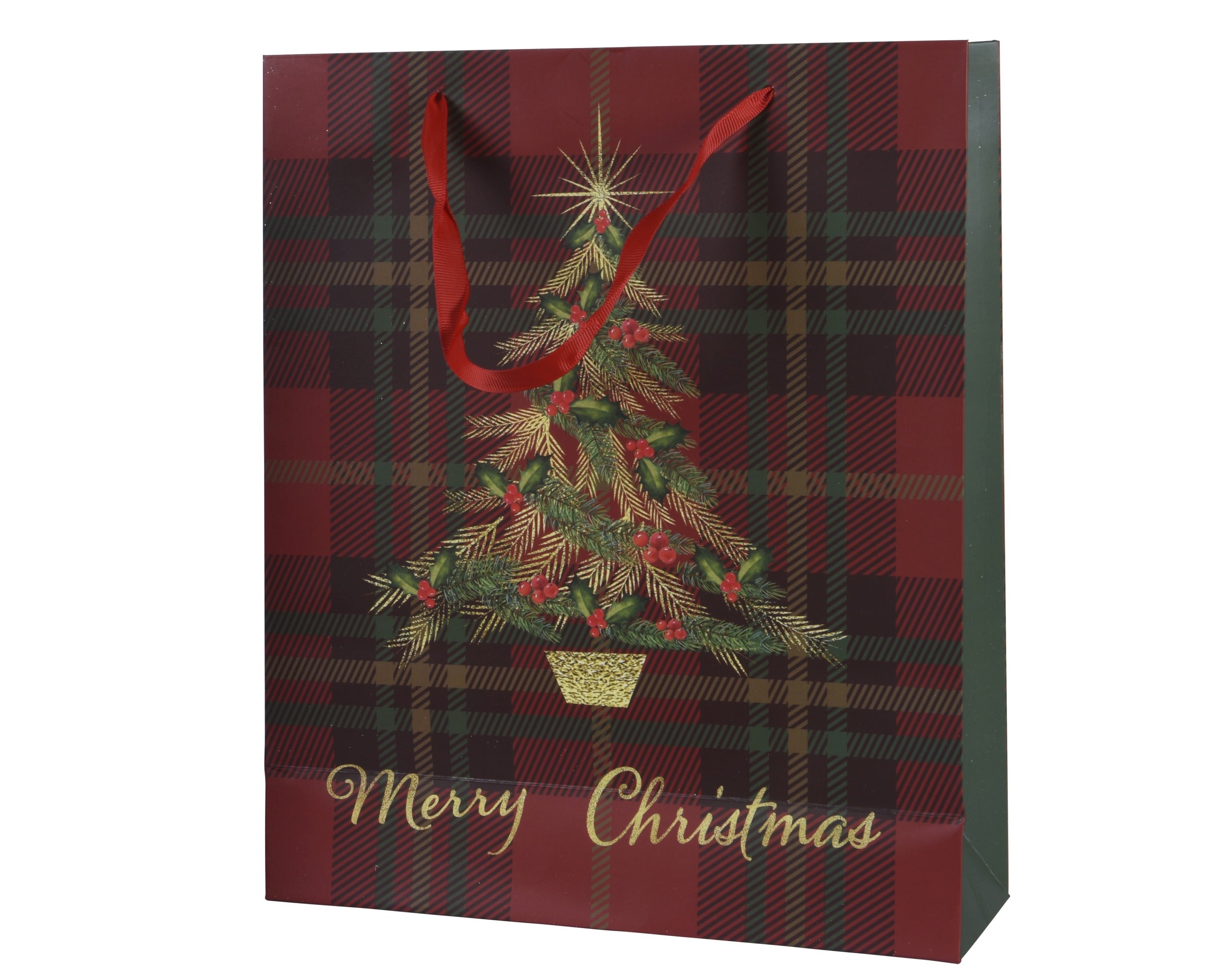 Kerst geschenktas papier 26x32cm - rood kerstboom