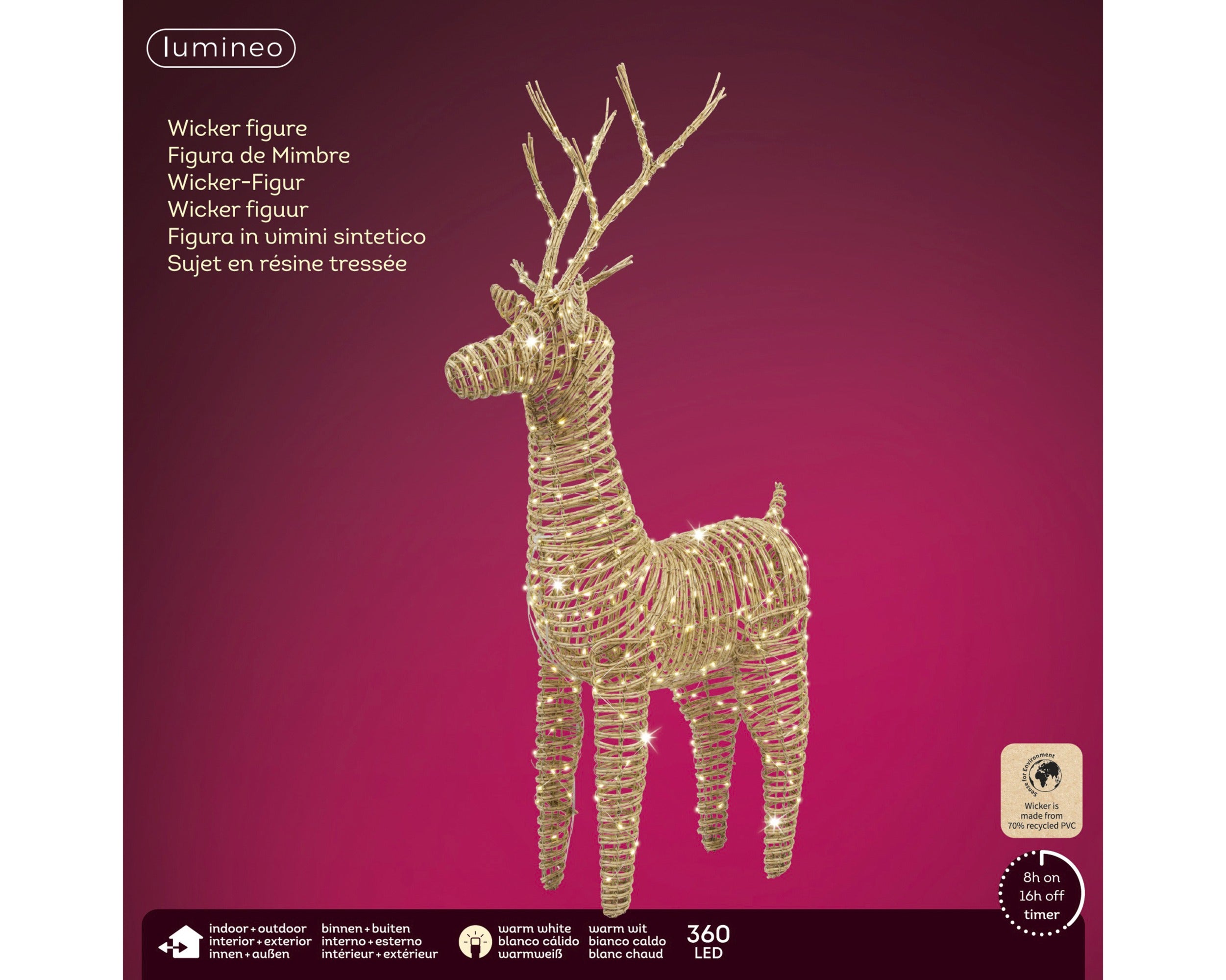 Lumineo micro LED rendier wicker buiten 60x104cm - naturel - warm wit - kerstverlichting