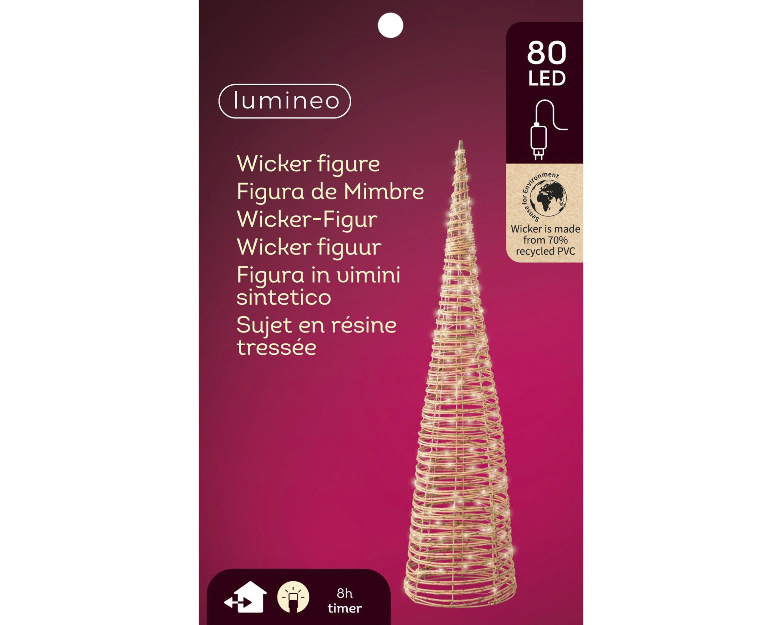 Lumineo micro LED kegel wicker buiten 18x60cm - naturel - warm wit - kerstverlichting