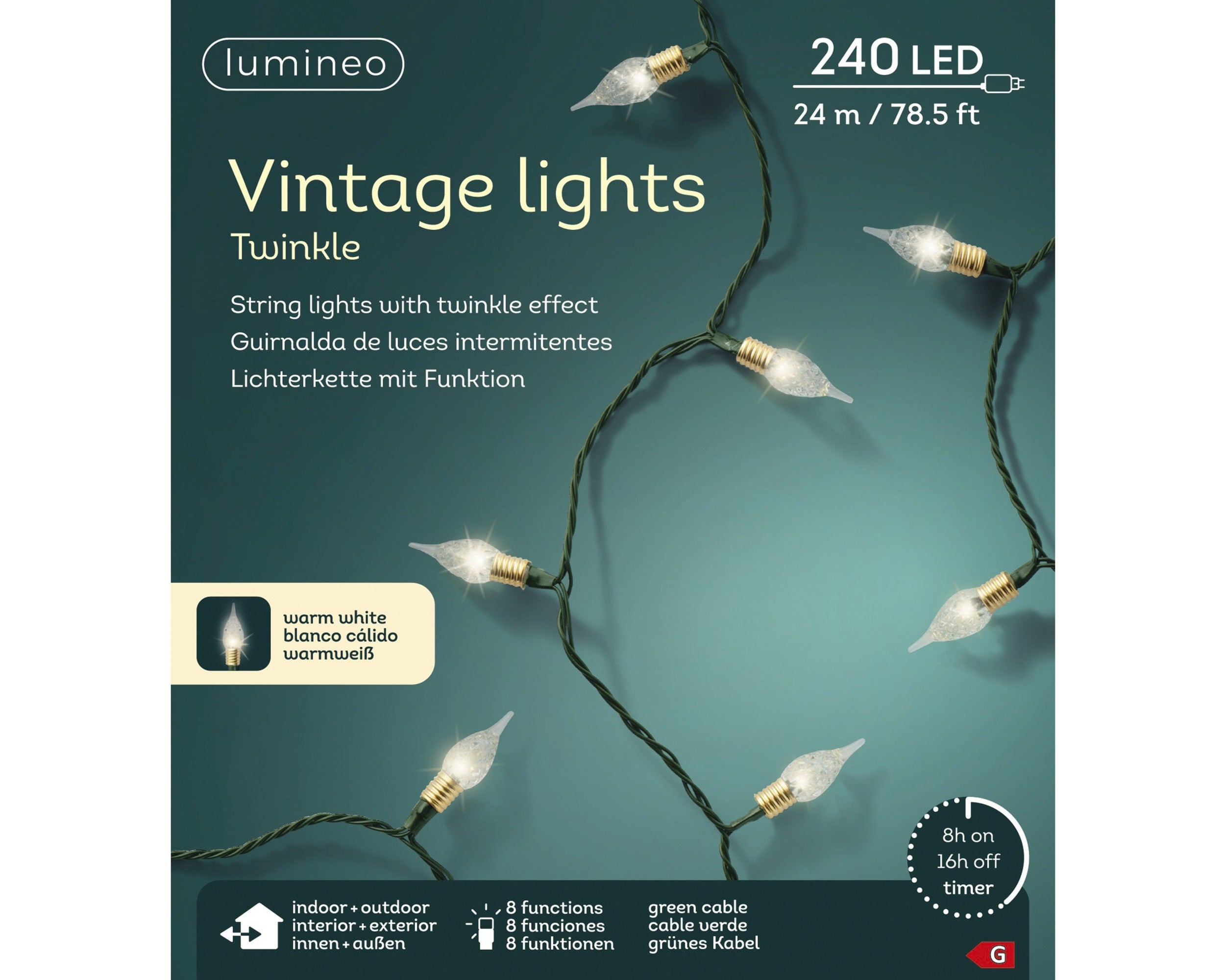 Lumineo LED vintage 8 functie twinkel binnen - 2390cm 240L - groen - warm wit - kerstverlichting