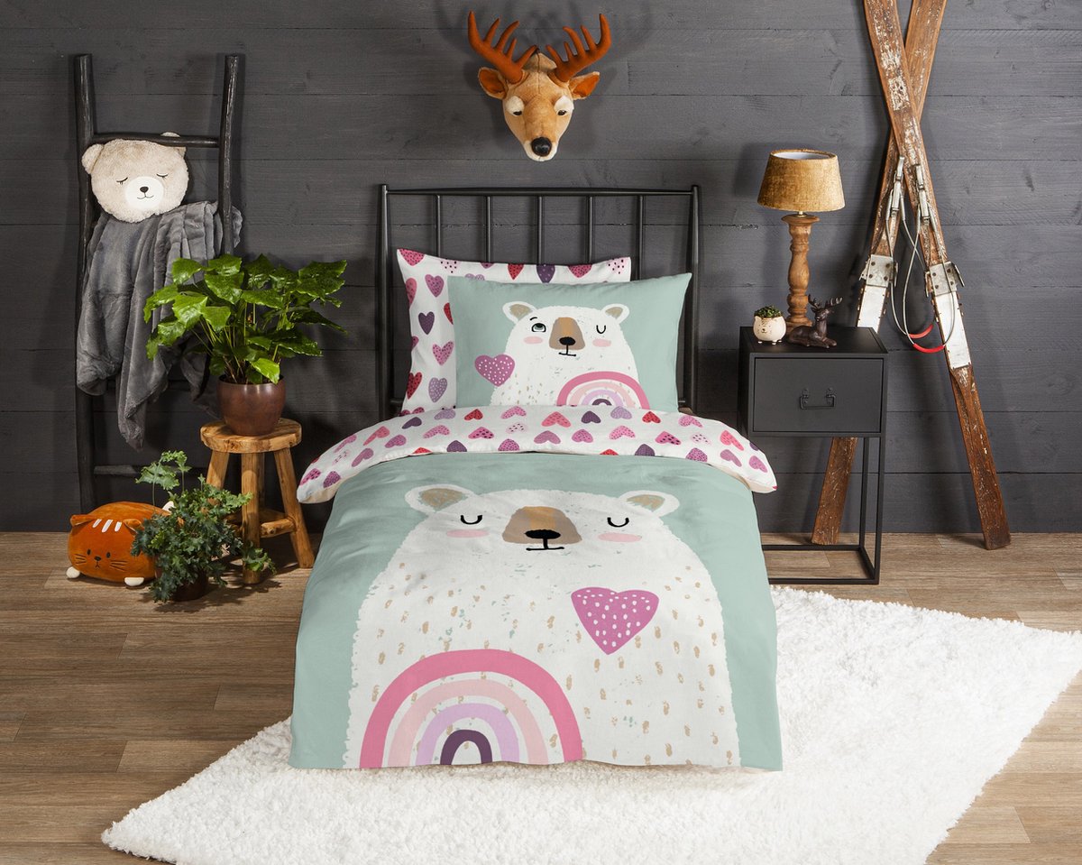 GOODMORNING Dekbedovertrek - 140x220cm 32057 beer met regenboog flanel multi