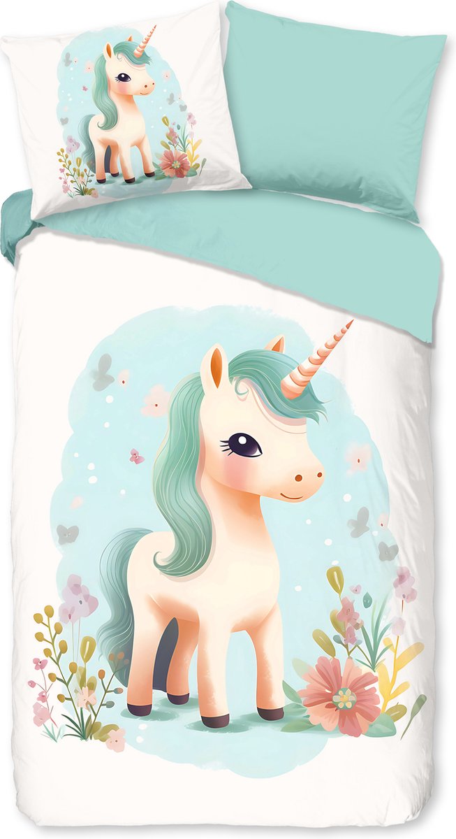 GOODMORNING Dekbedovertrek - 140x220cm - 33047 flanel unicorns multi