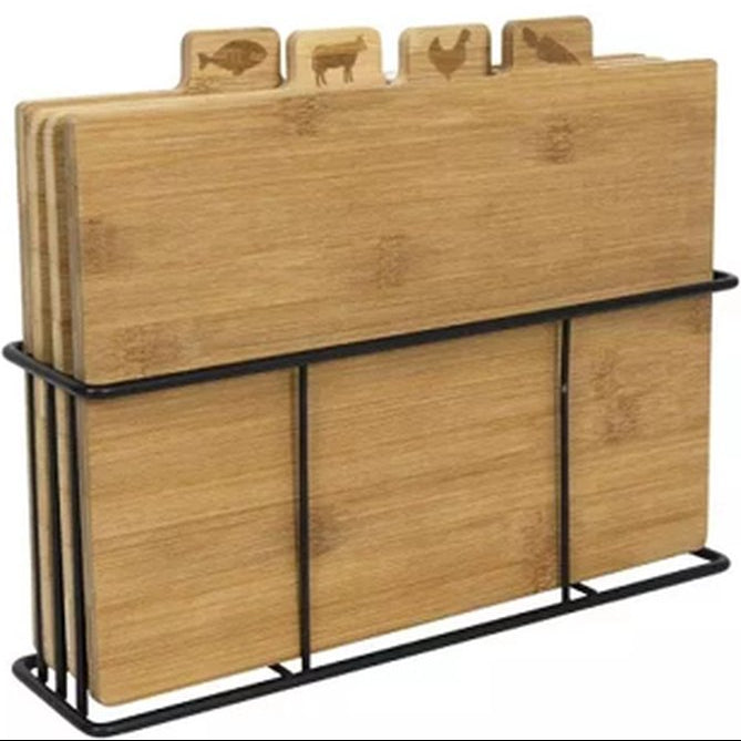 Snijplanken 4st. bamboe in metalen rek
