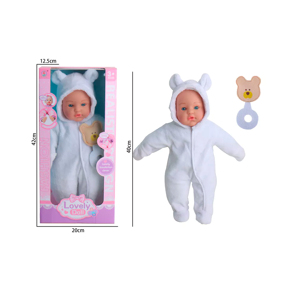 Pop met wit berenpakje boucle - 40cm 10110515  X16603391AL