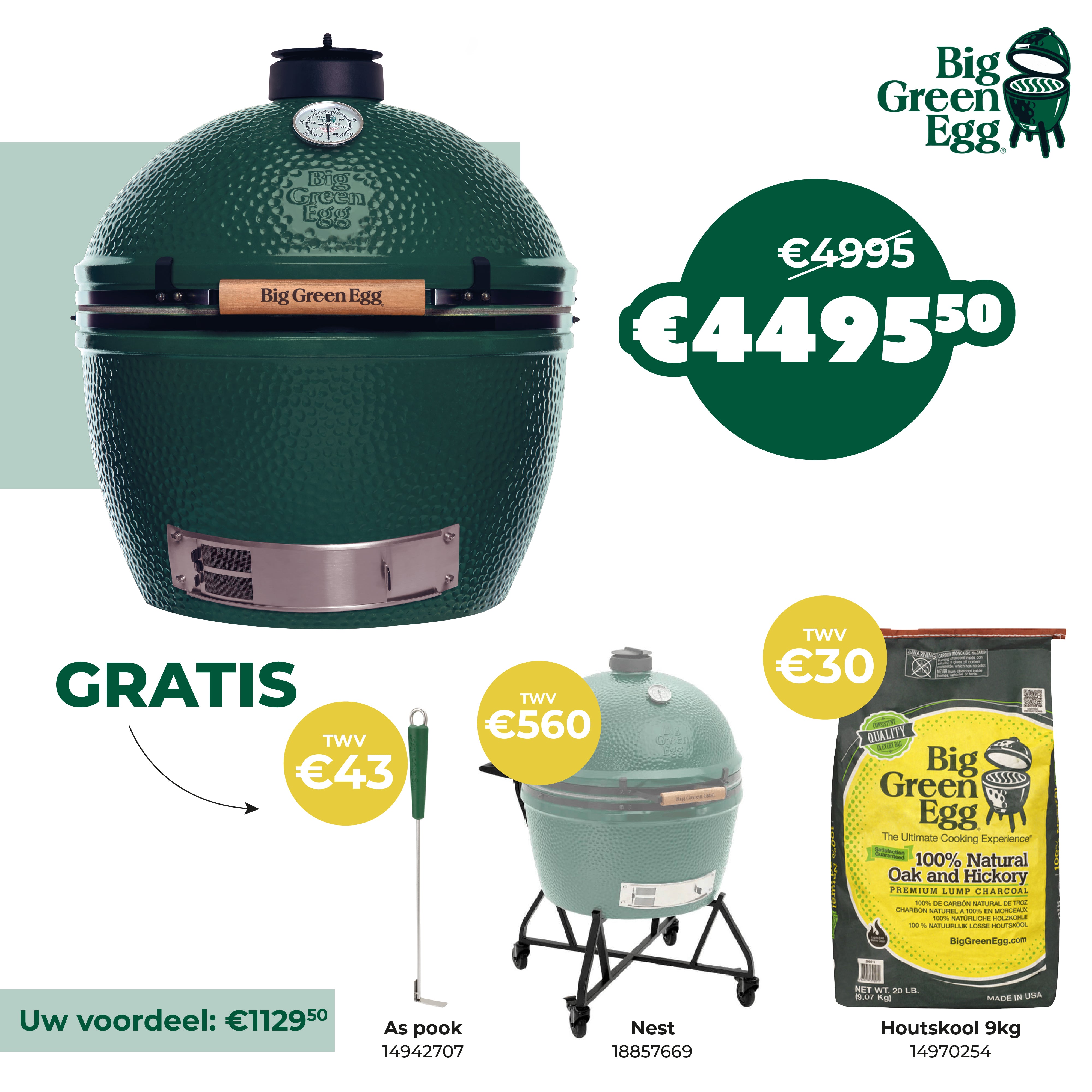 BIG GREEN EGG 2XL kamado Keramiek +Nest + aspook + 1 zak BGE houtskool 9kg