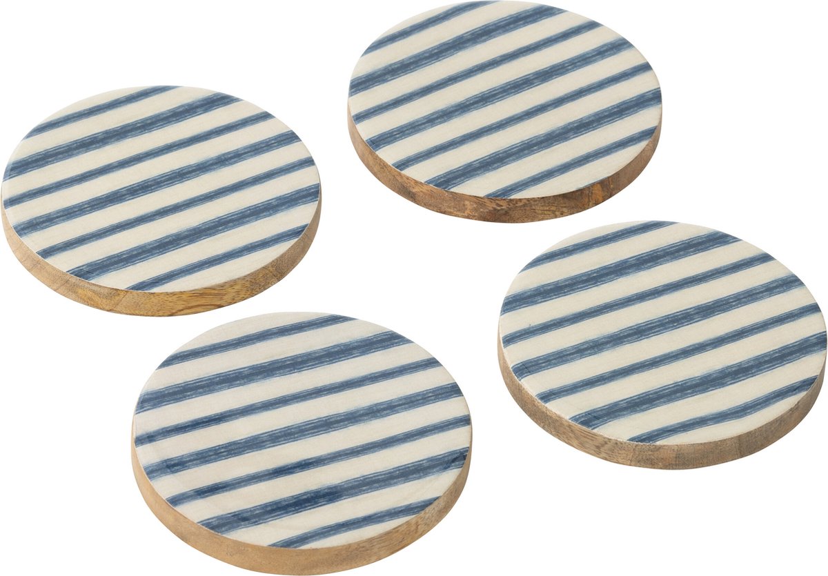 J-LINE Set 4 onderzetters mangohout - blauw/ wit