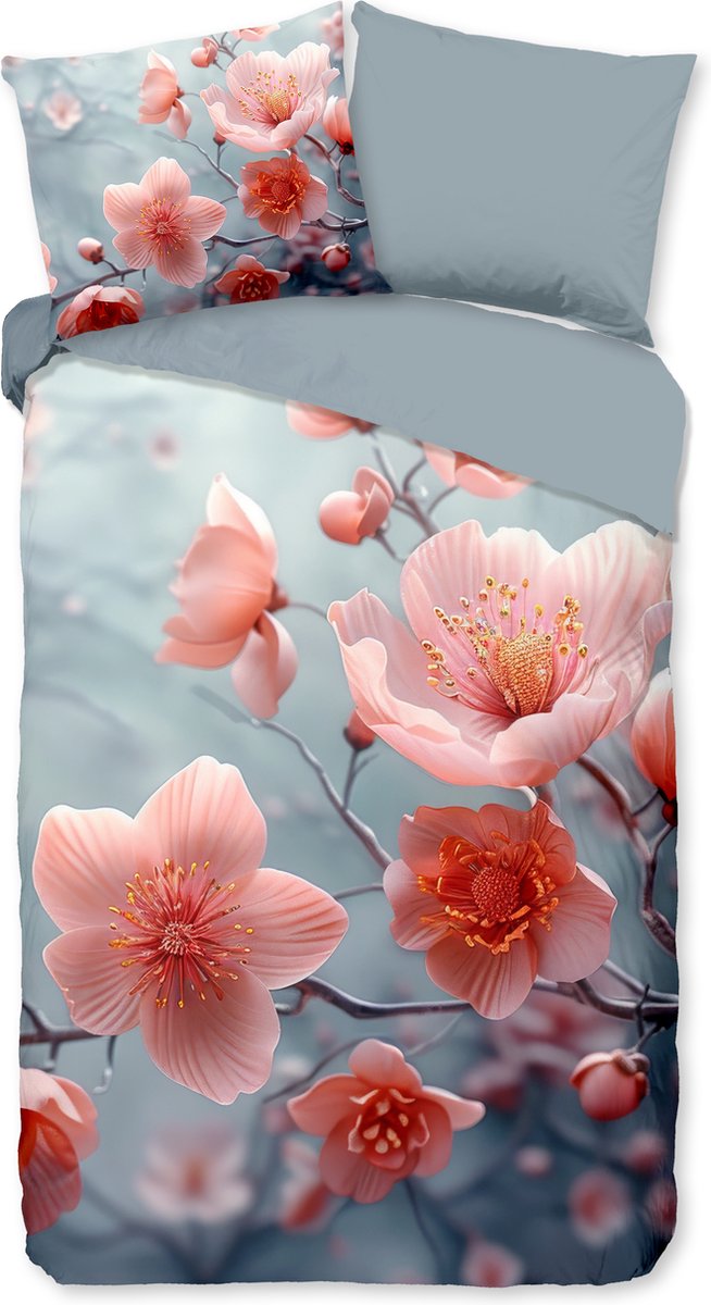 GOODMORNING Dekbedovertrek kids -140x220 cm - 33193 - grijs - bloemen