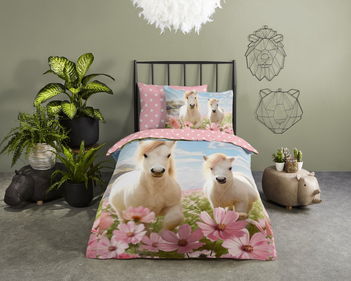 GOODMORNING Dekbedovertrek kids -140x220 cm - 33158 - pink - paarden