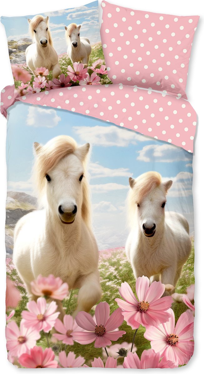 GOODMORNING Dekbedovertrek kids -140x220 cm - 33158 - pink - paarden