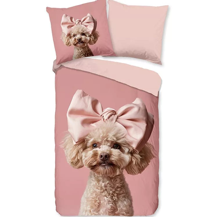 GOODMORNING Dekbedovertrek kids- 140x220 cm - 33234 - pink - hond met strik