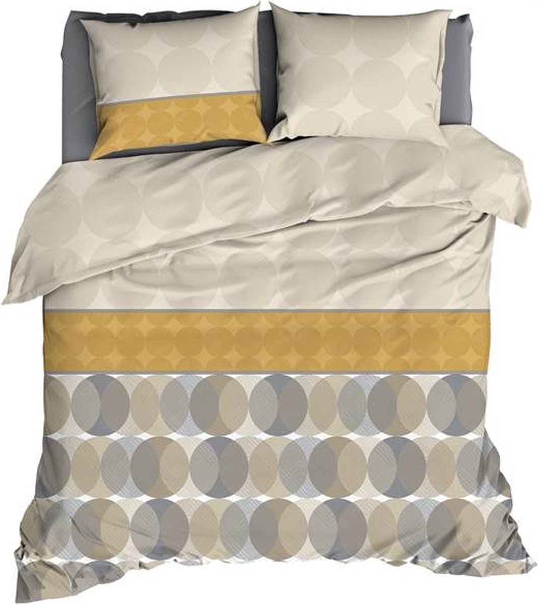 SATIN D'OR Dekbedovertrek - 260x200cm - Cercles beige/ oker satijn
