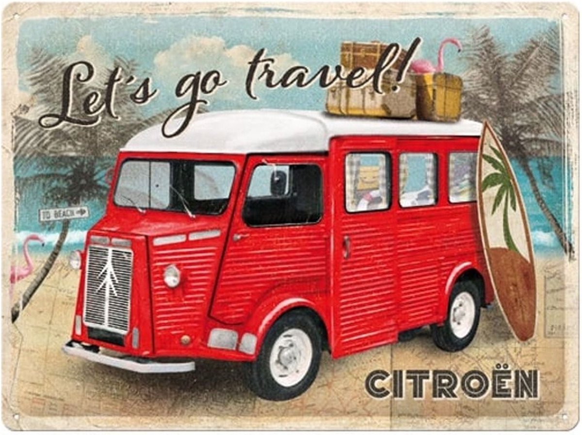 Tin sign - 30x40cm - Citroen type H Let's go travel