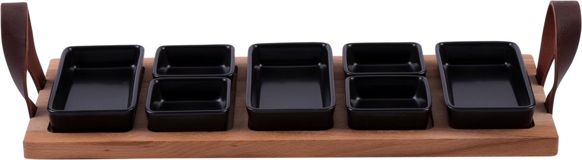 Borreltray 49cm 5-vaks met schaaltjes zwart