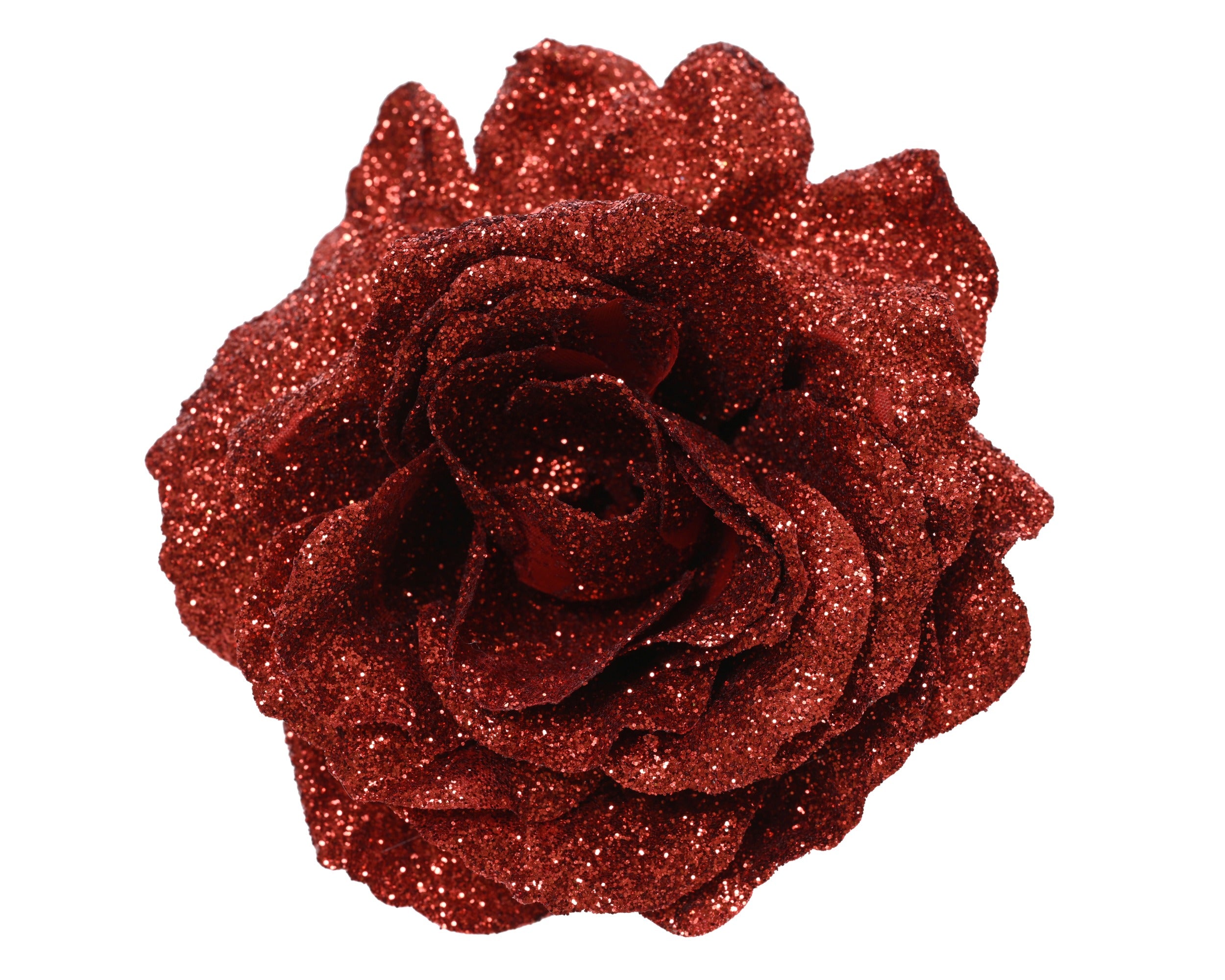 Kerst roos op clip glitter 12cm - rood