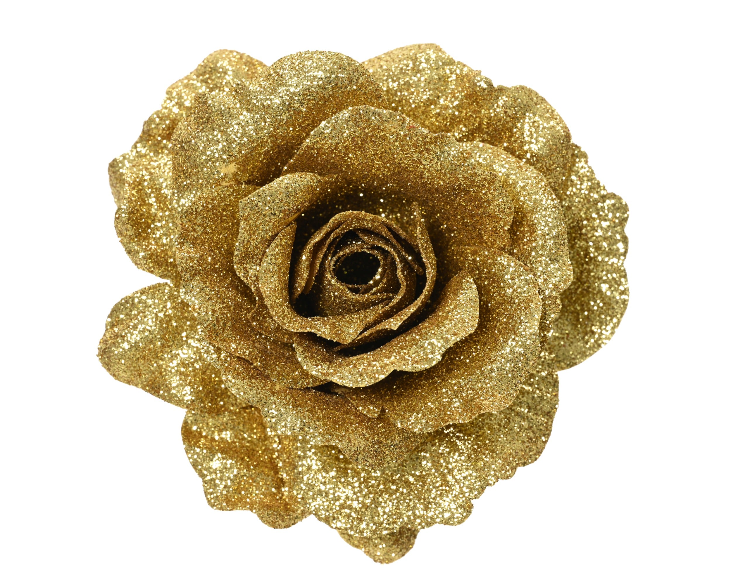 Kerst roos op clip glitter 12cm - goud