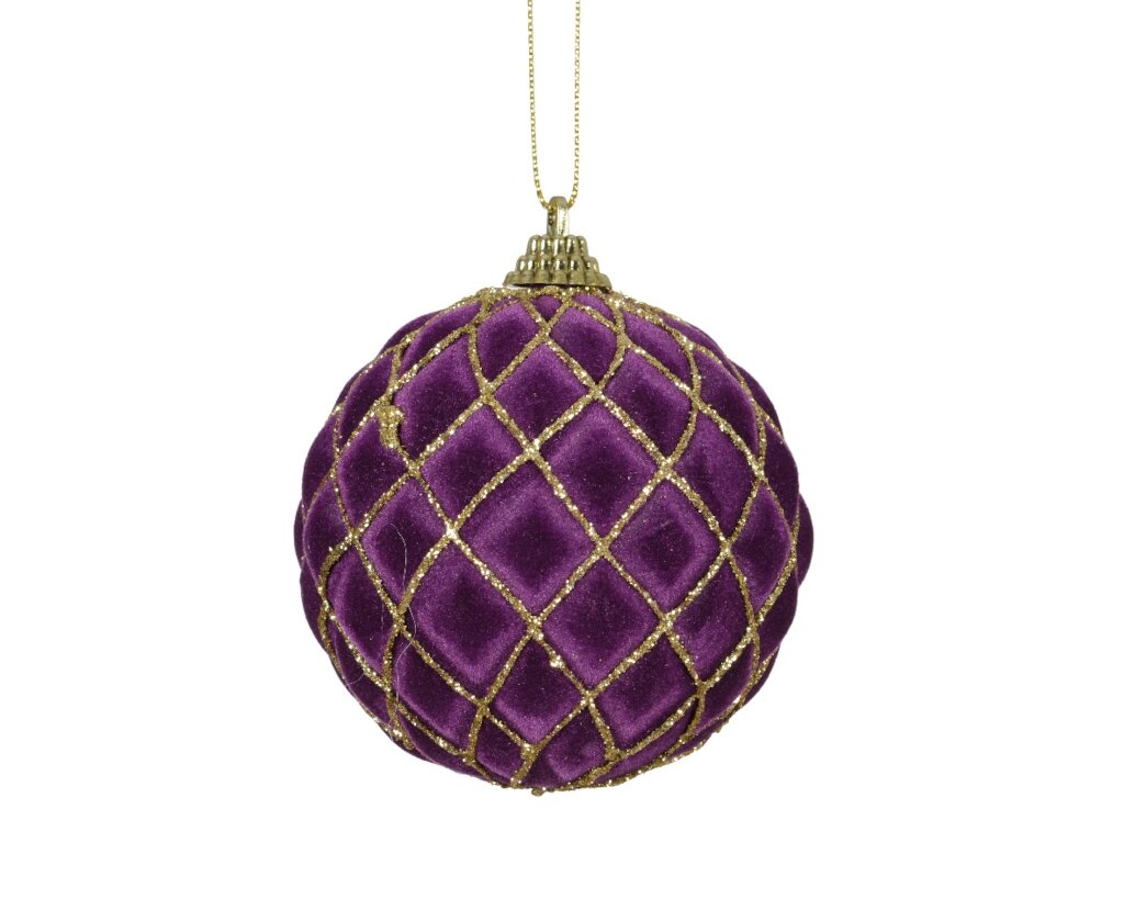 Kerstbal plastic fluweel glitterstrepen 8cm