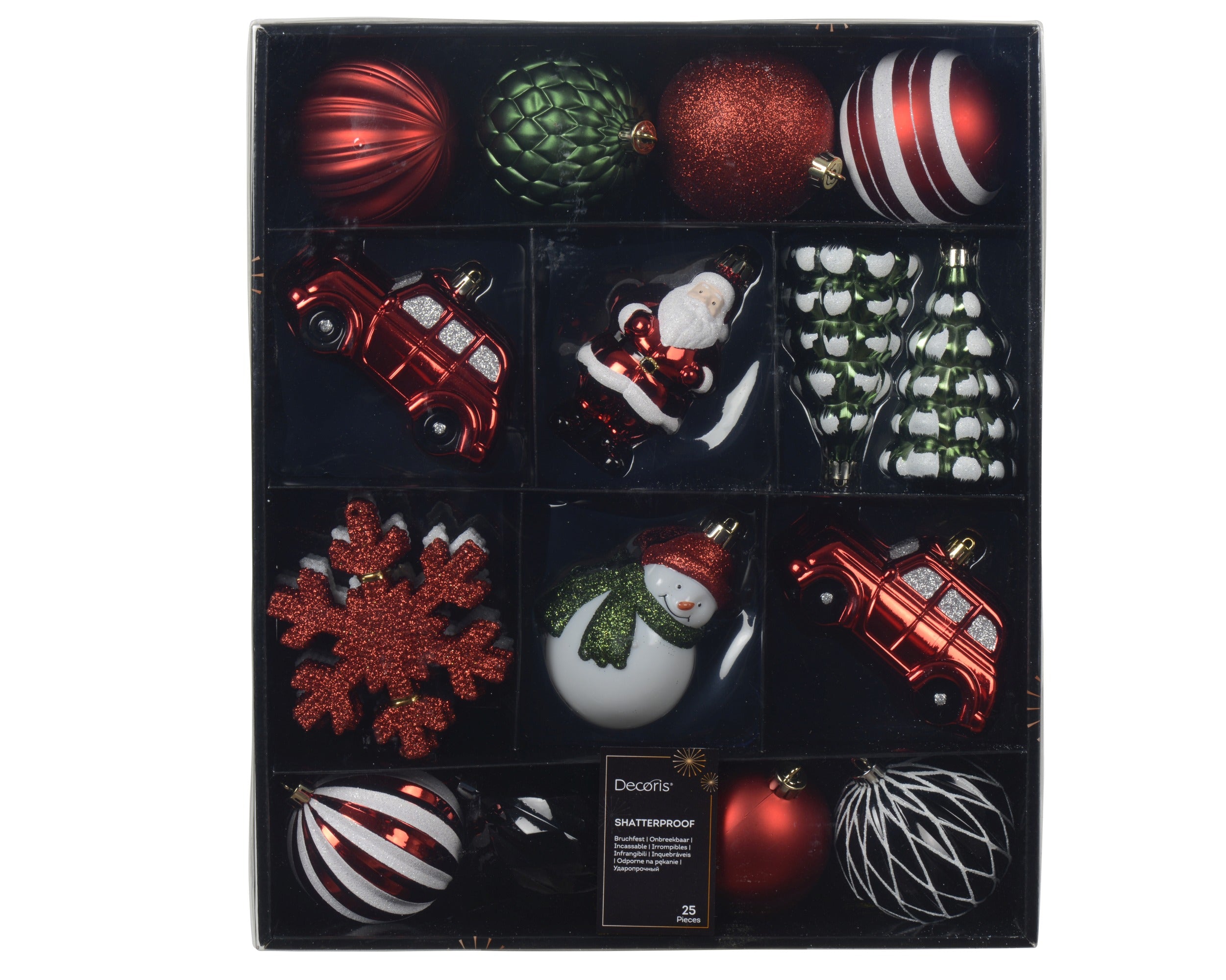 Kerstballen box kunststof glans/mat/glitter mix - rood/wit/zilver 25st.