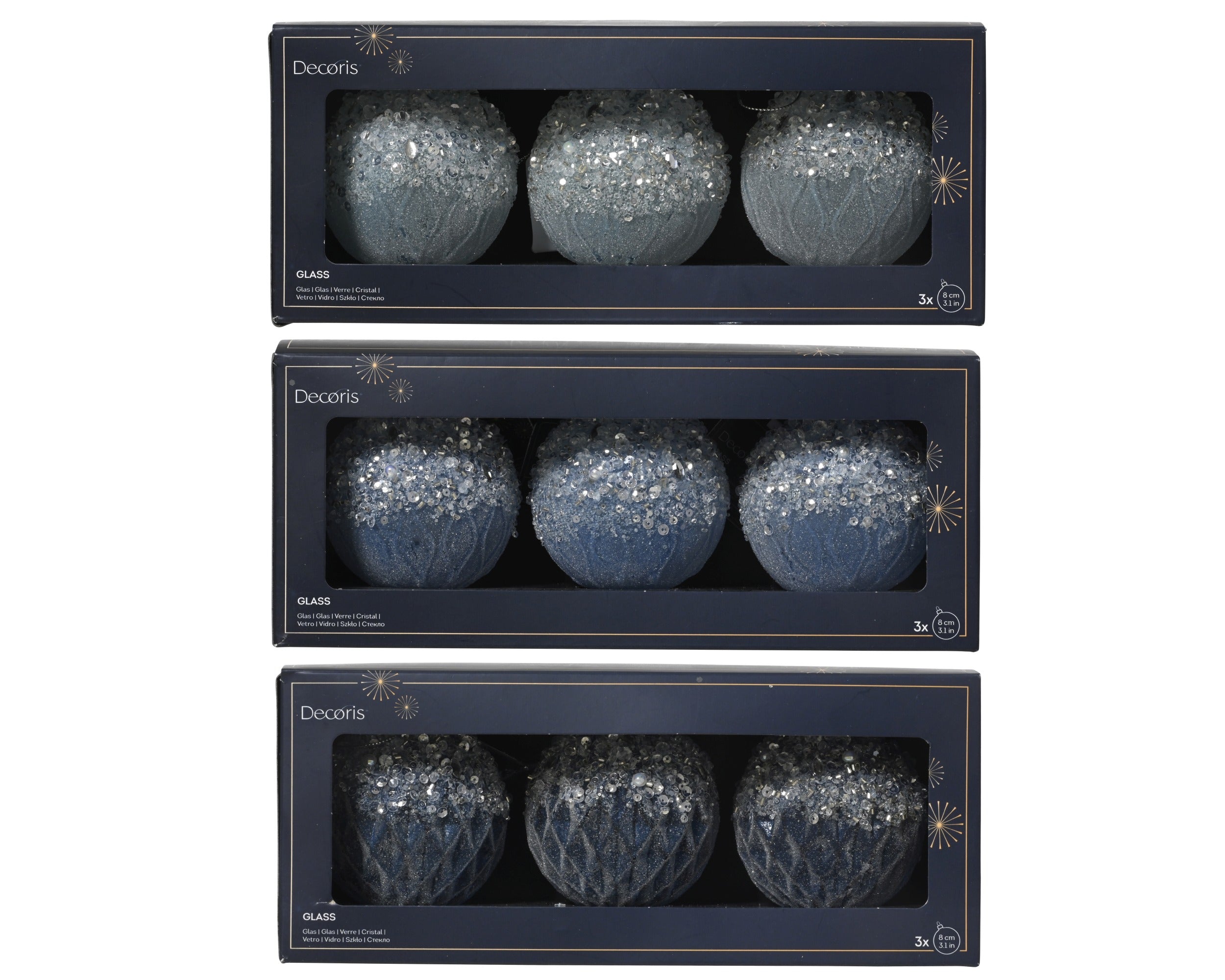 Kerstballen glas 8cm - blauw - ass. 3st. (prijs per verpakk.)