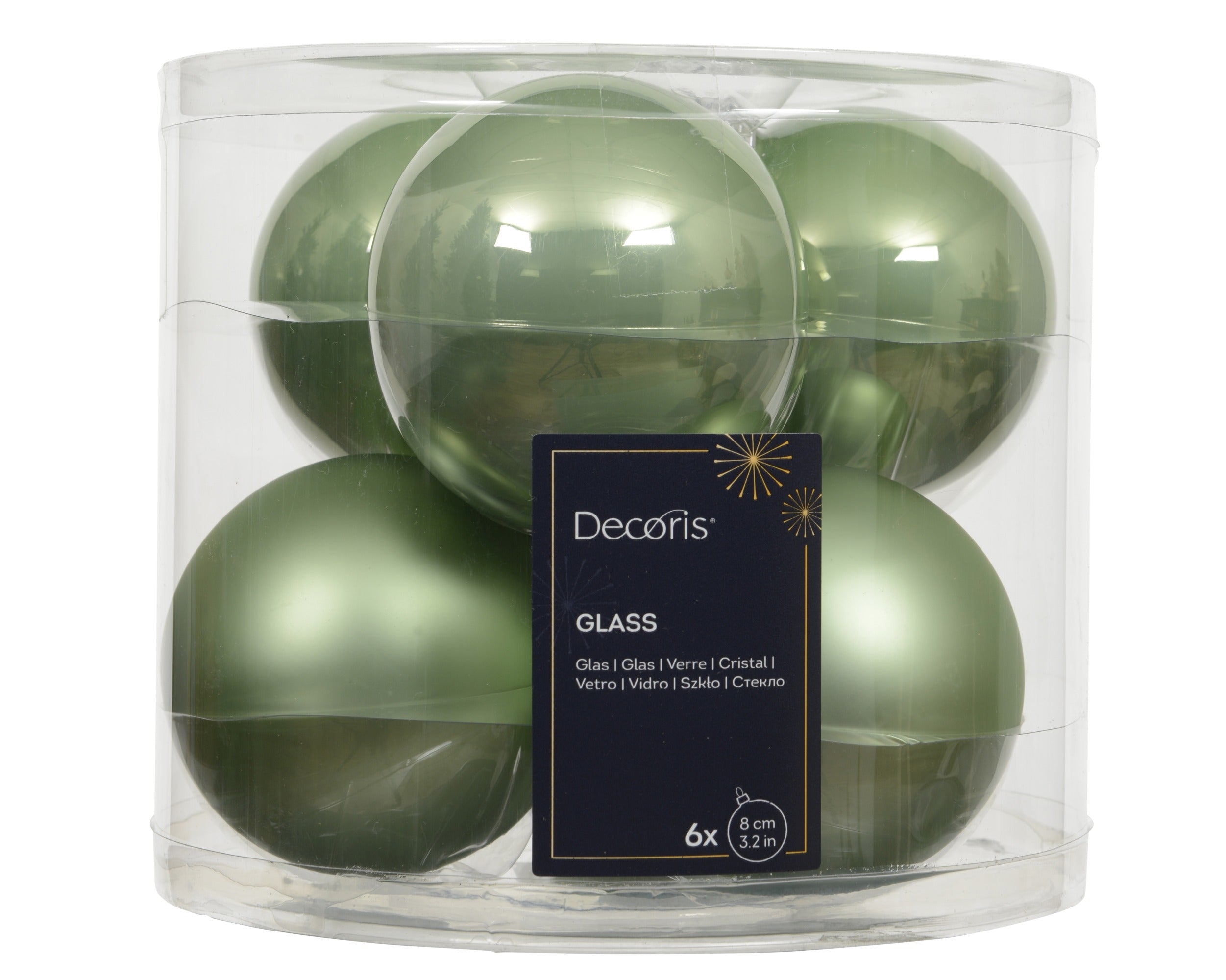 Kerstballen glas emaille/mat mix 8cm - matcha green 6st.