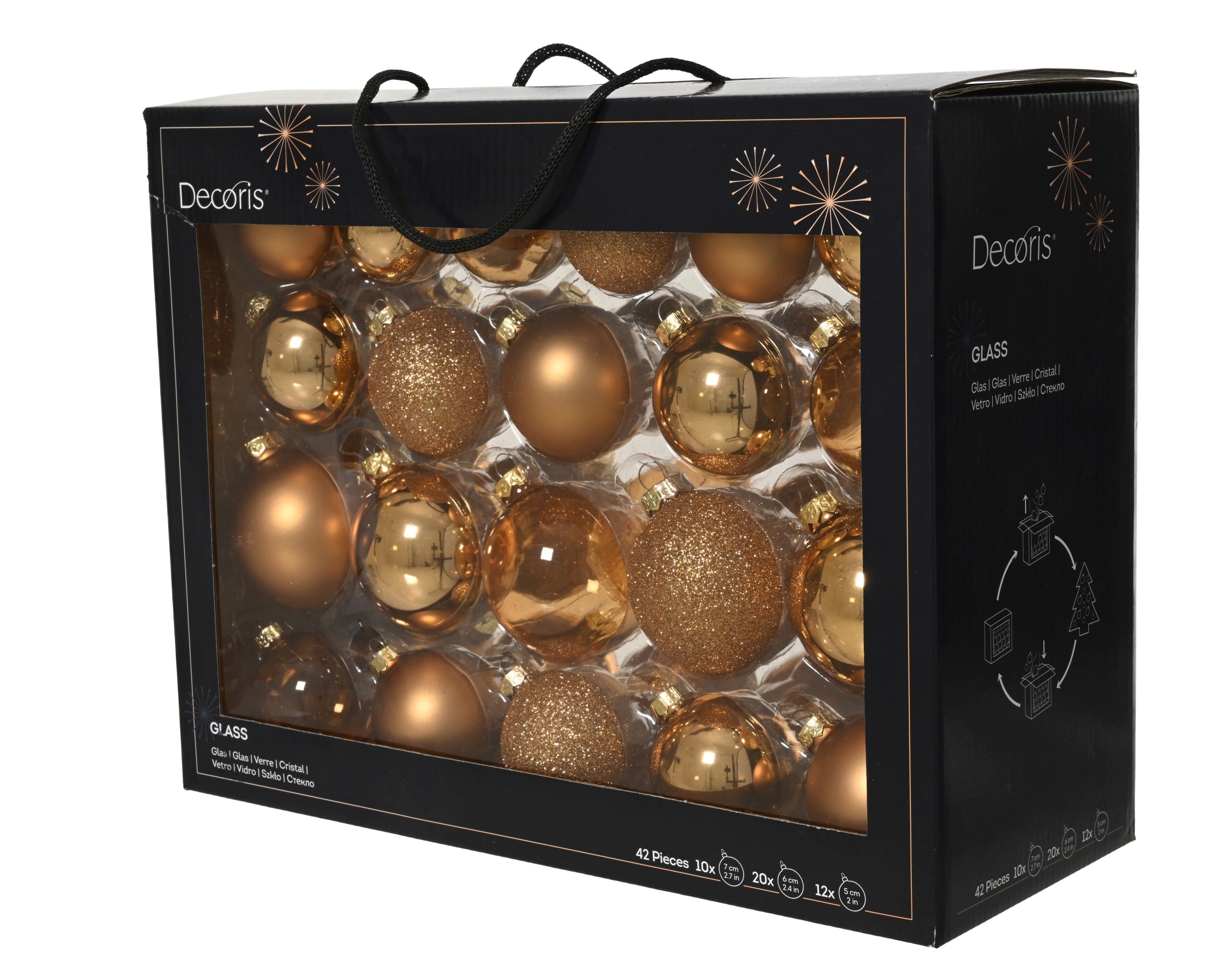 Kerstballen glas gl./mat/glit./transp. mix 7cm 6cm 5cm - brandy 42st.