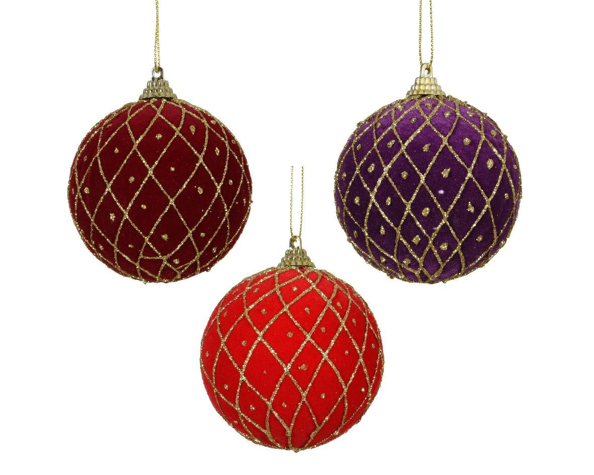 Kerstbal foam glitter streep 8cm - ass.  (prijs per stuk)