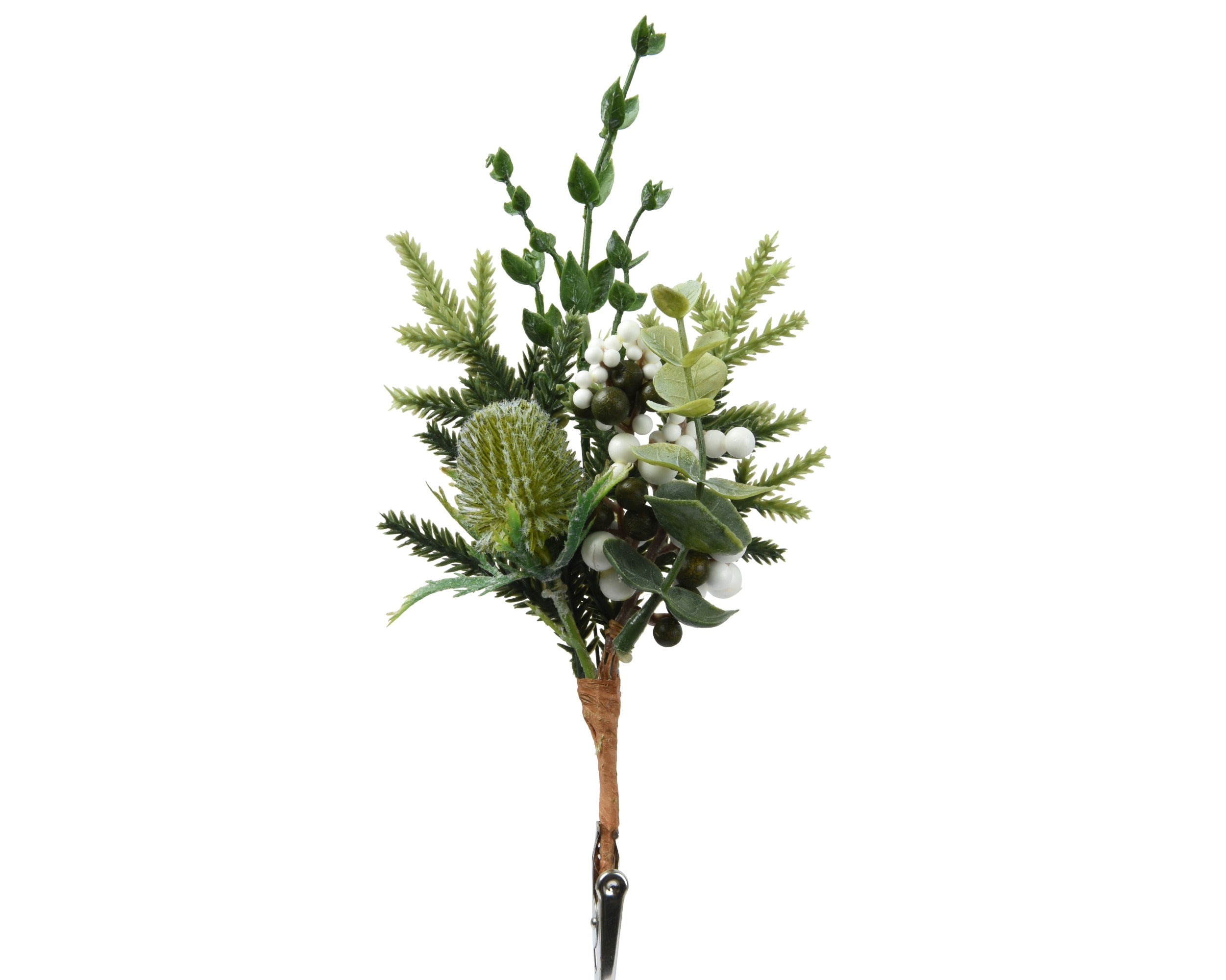Kerst tak distel op clip 22cm 2st. - groen/wit