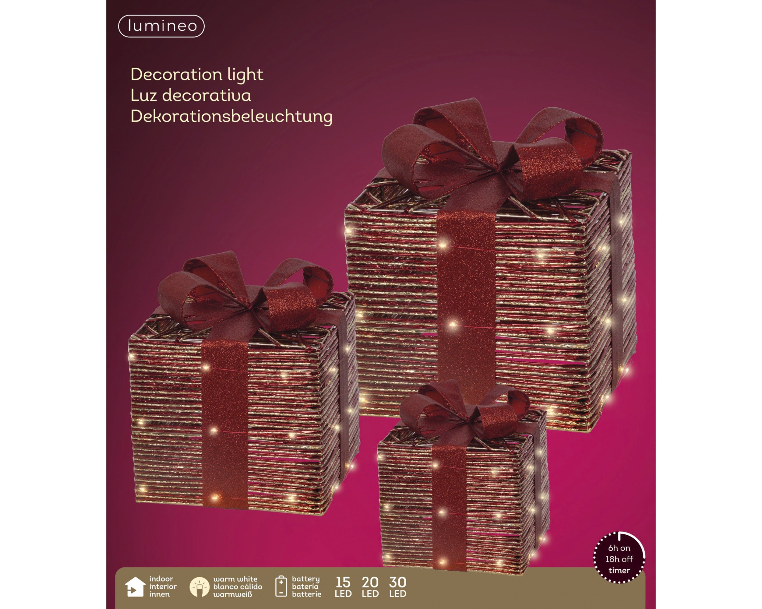 Lumineo micro LED giftbox binnen set/3 25x30cm - rood - warm wit