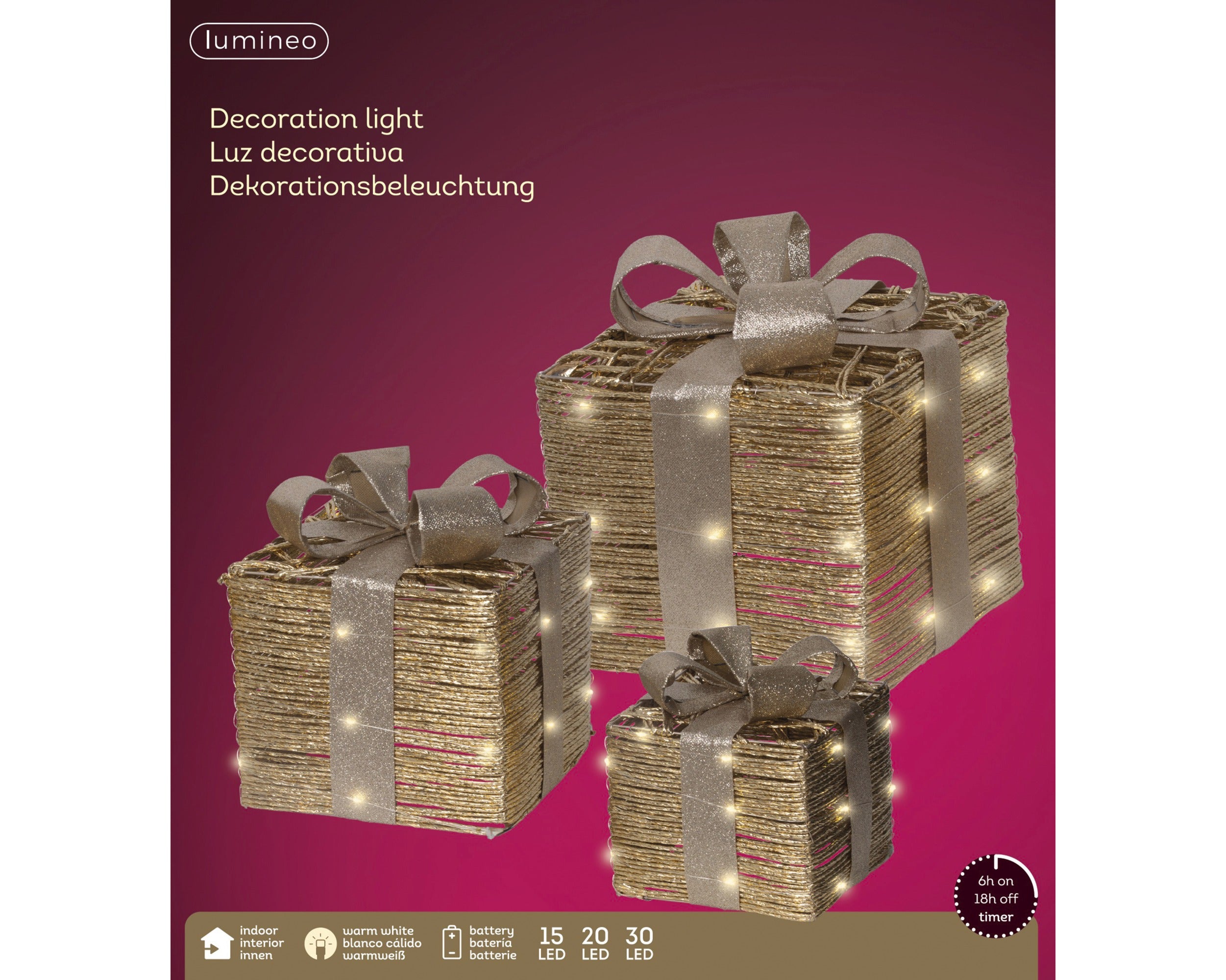 Lumineo micro LED giftbox binnen set/3 25x30cm - goud - warm wit