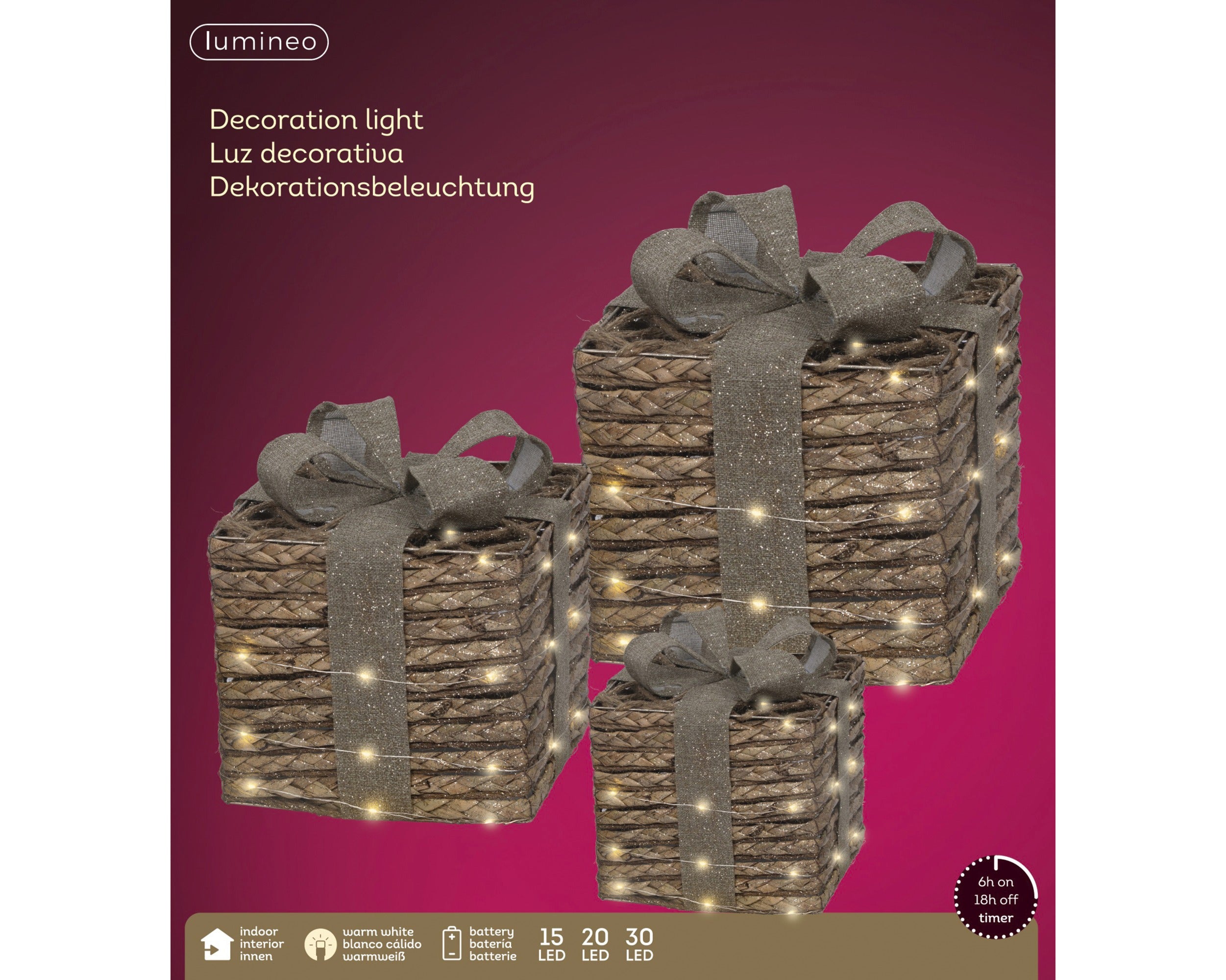 Lumineo micro LED giftbox binnen set/3 25x30cm - bruin - warm wit