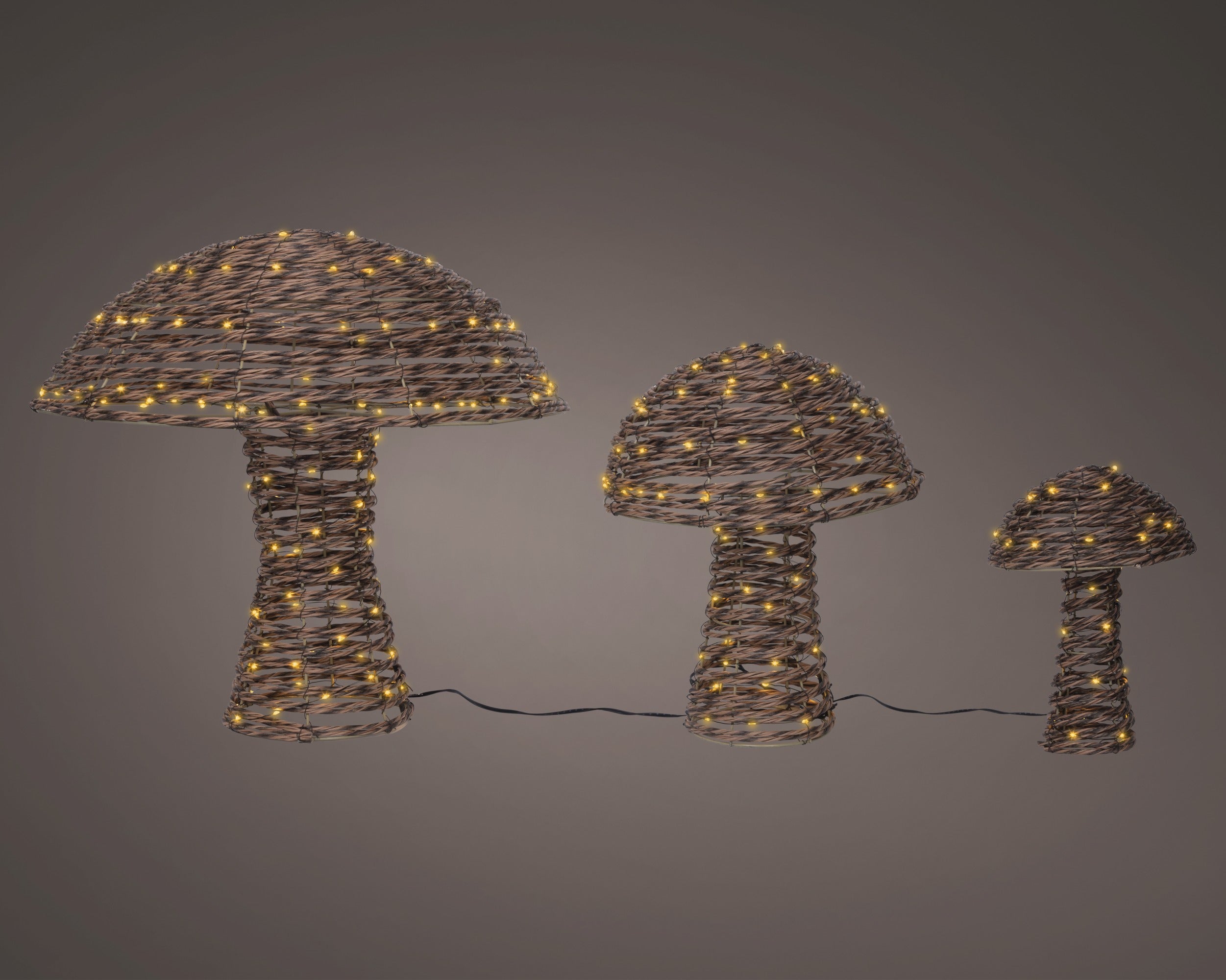 Lumineo micro LED paddenstoel rotan buiten set/3 - bruin - klassiek warm