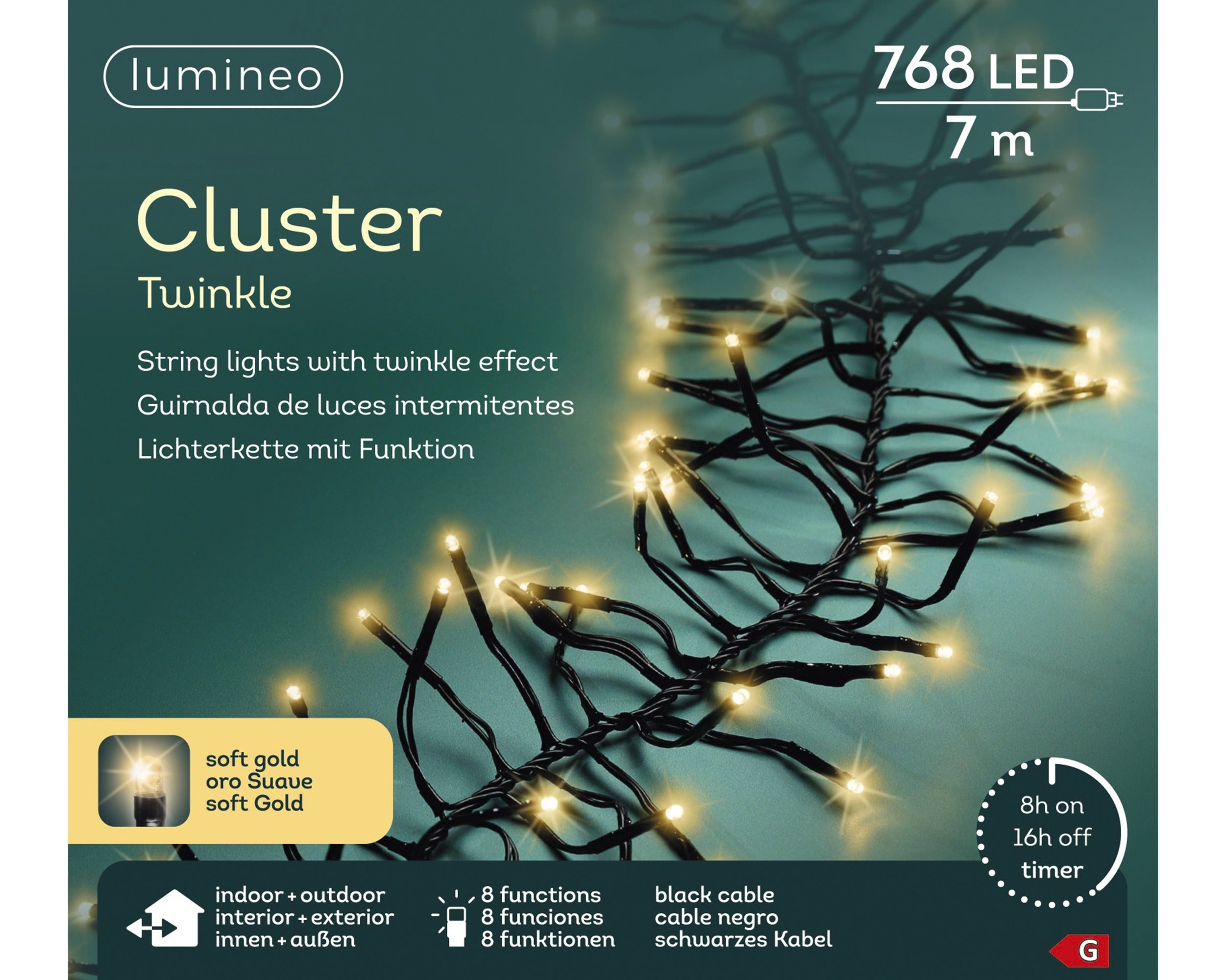 Lumineo LED cluster twinkel 700cm 768L - zwart/soft gold  - kerstverlichting