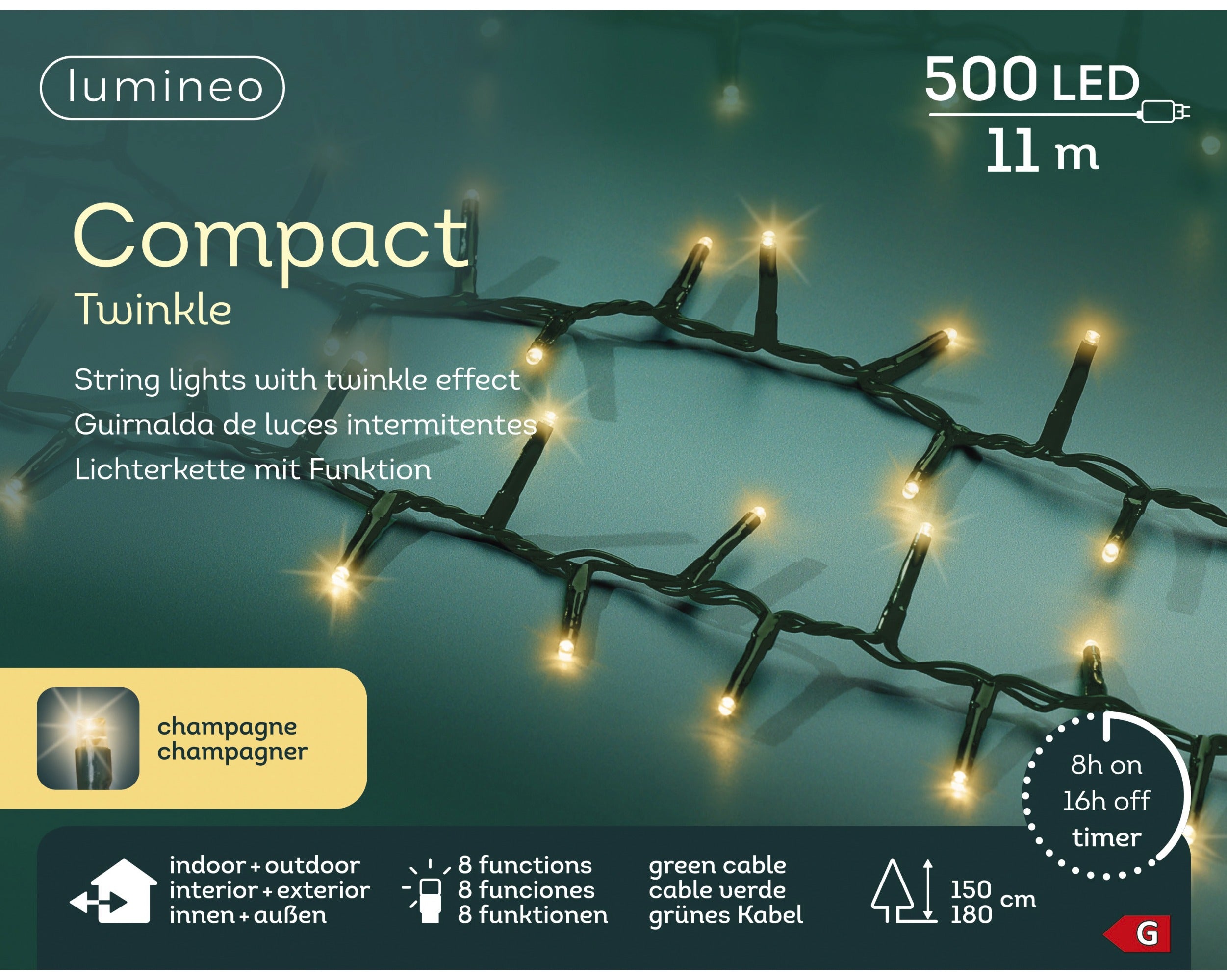 Lumineo LED compact twinkel 1100cm 500L - groen/soft gold - kerstverlichting