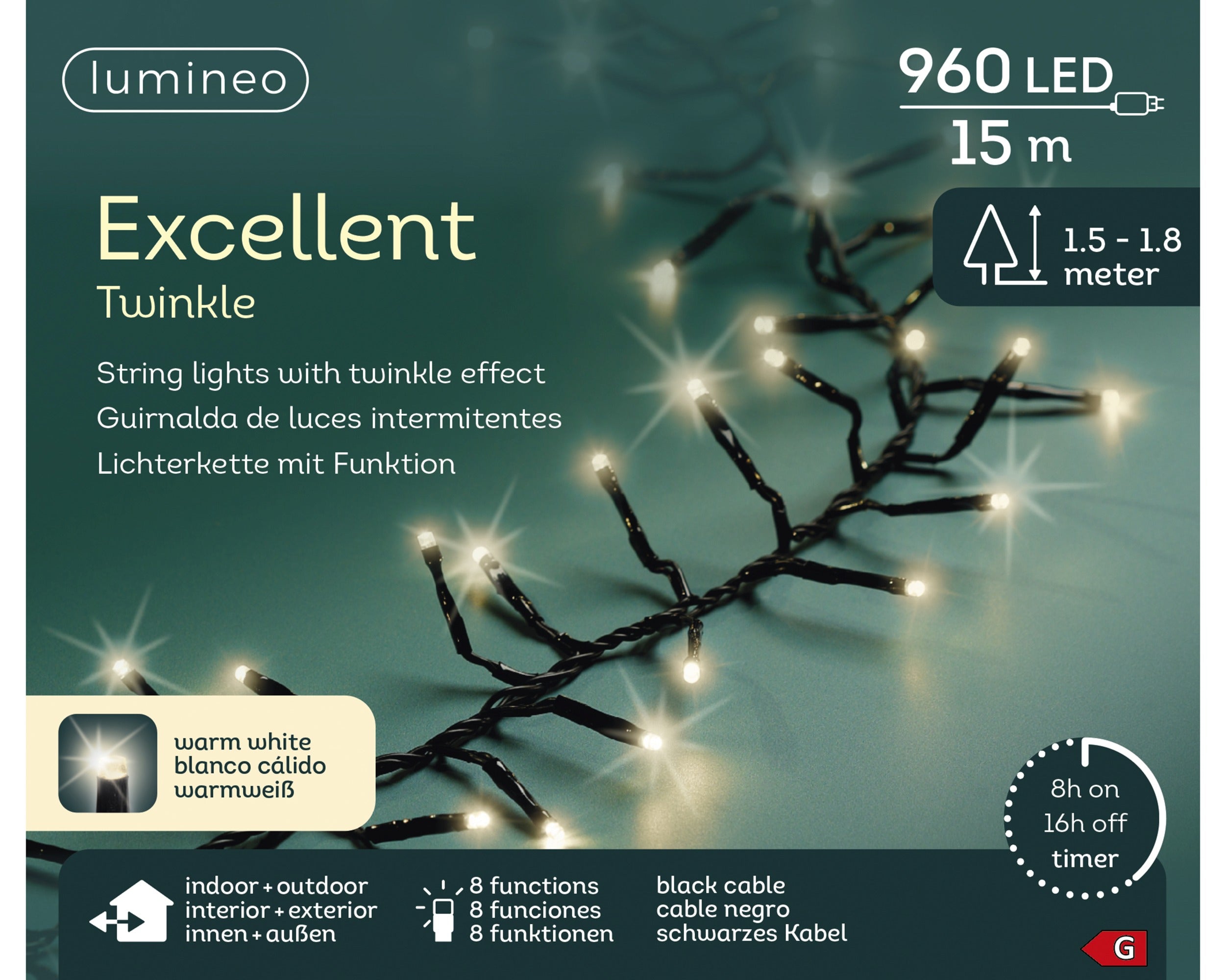 Lumineo LED excellent twinkel 1500cm 960L - zwart/warm wit - kerstverlichting