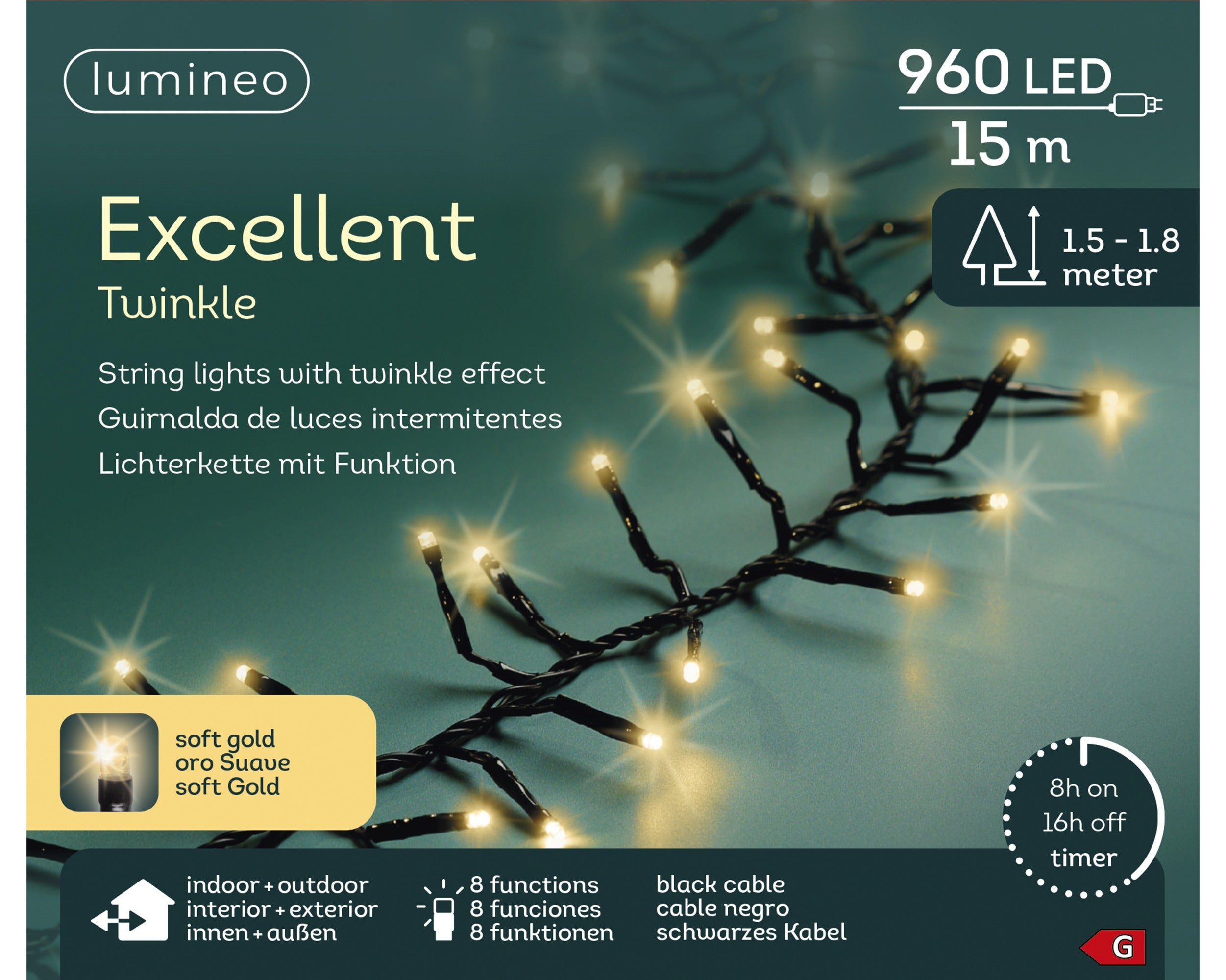 Lumineo LED excellent twinkel 1500cm 960L - zwart/soft gold - kerstverlichting