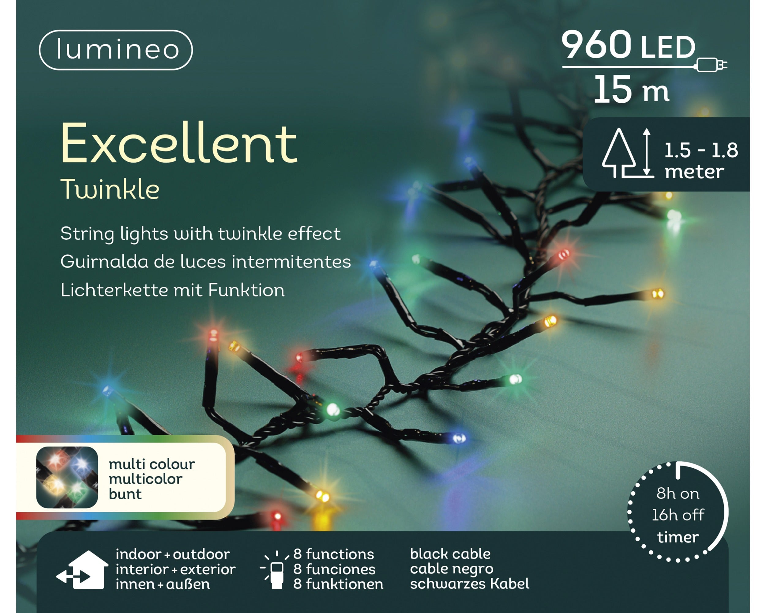 Lumineo LED excellent twinkel 1500cm 960L - zwart/multi - kerstverlichting