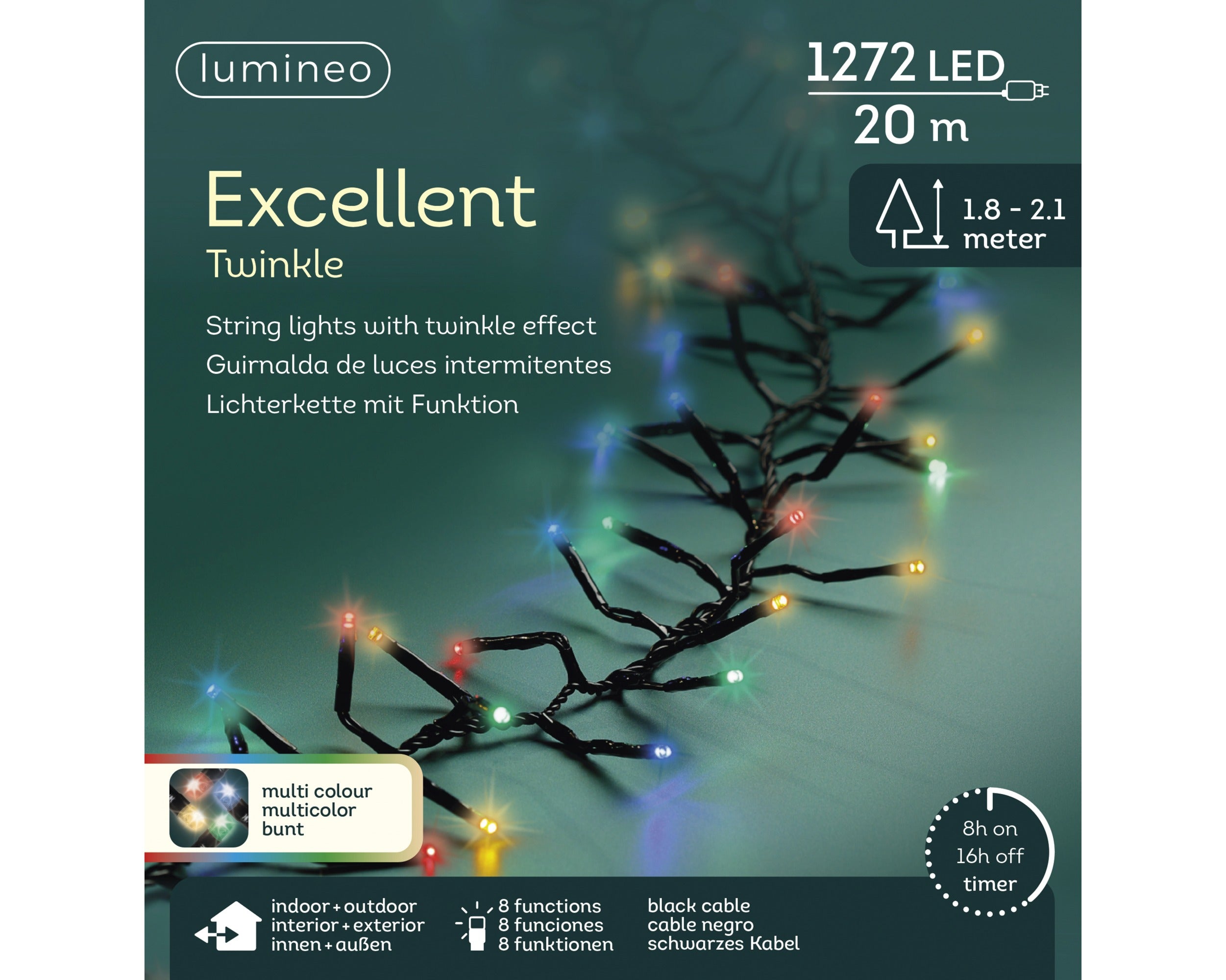 Lumineo LED excellent twinkel 2000cm 1272L - zwart/multi - kerstverlichting