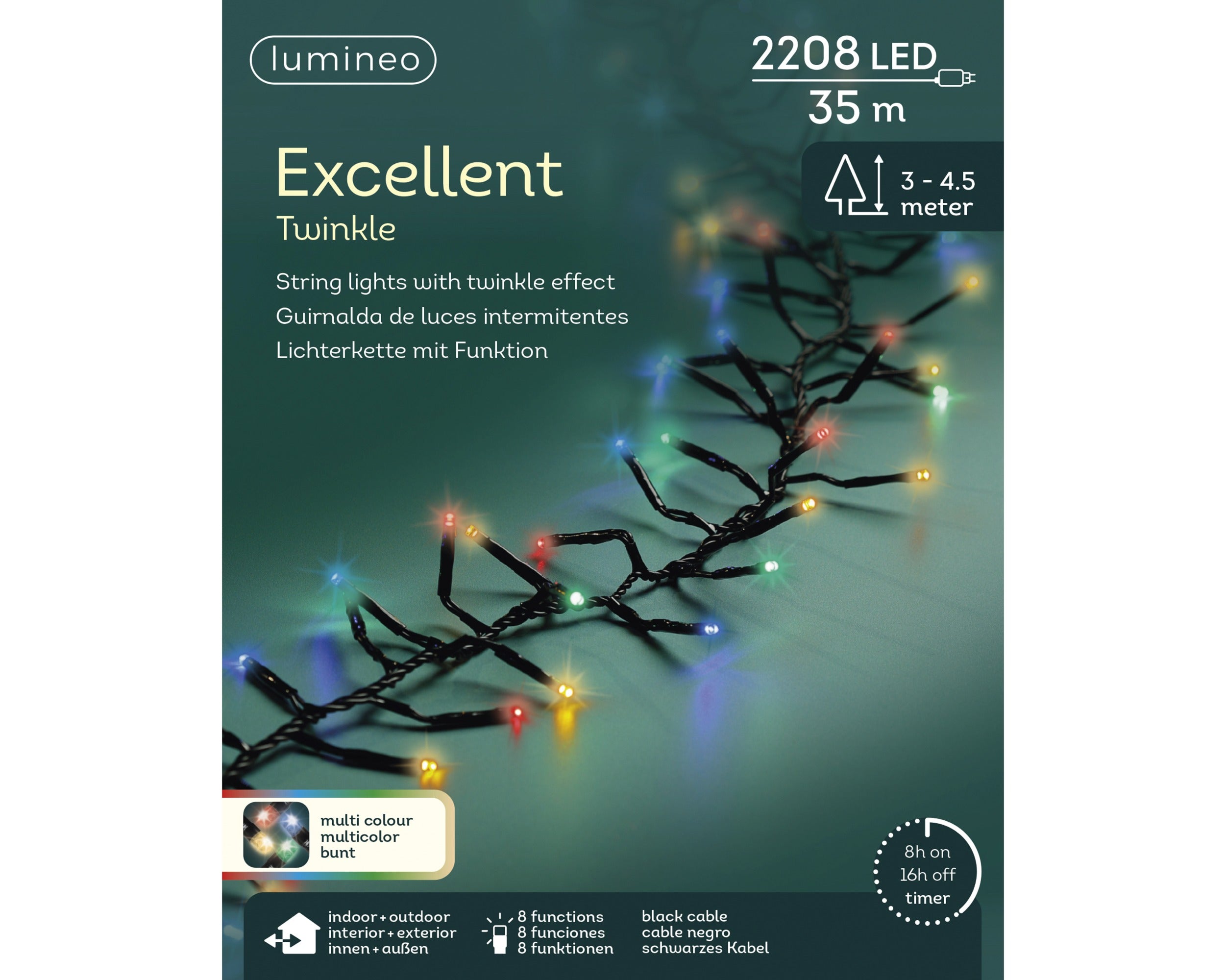 Lumineo LED excellent twinkel 3500cm 2208L - zwart/multi - kerstverlichting