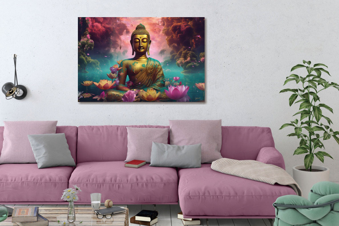 Glasschilderij Boeddha goud op water - 80x120cm