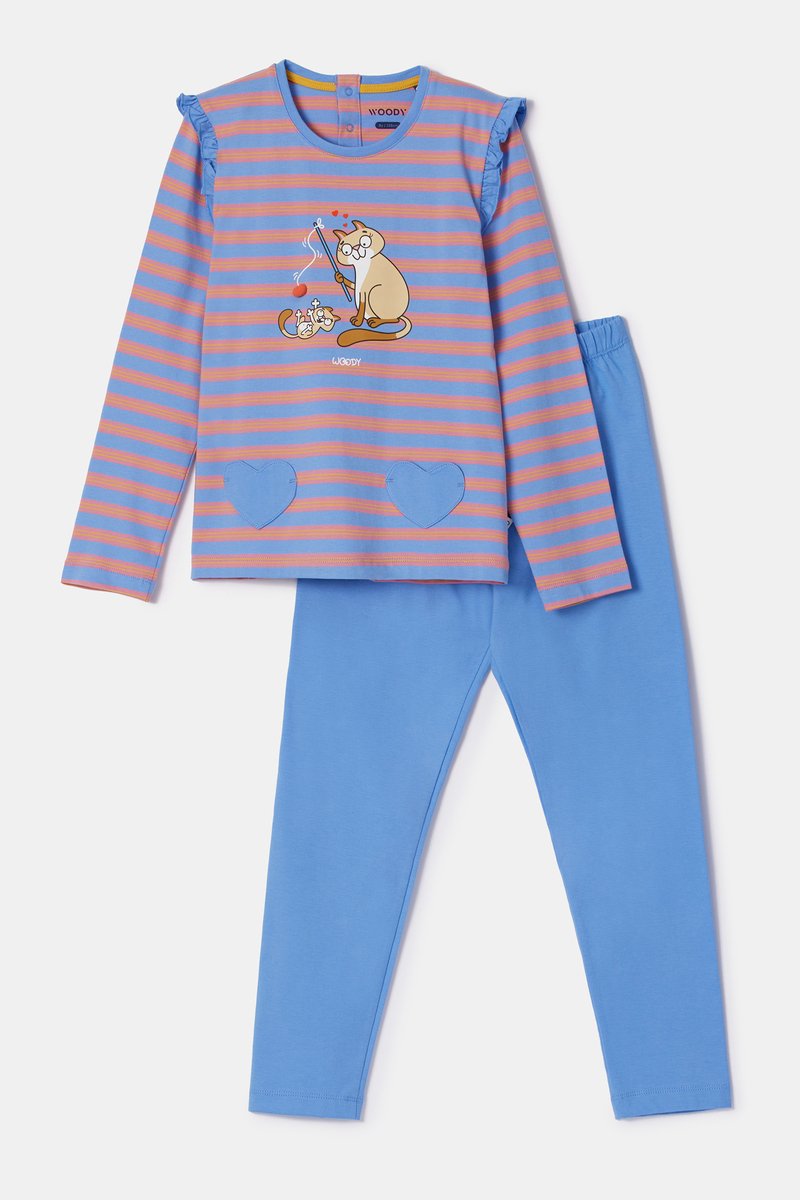 WOODY Meisjes pyjama - blauw-/ roze streep - 4Y