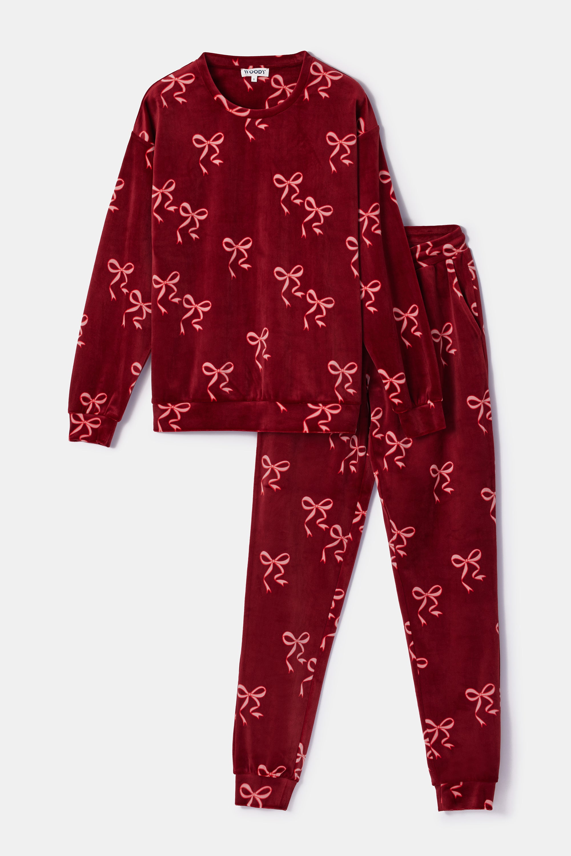 WOODY Dames pyjama - bordeaux strikkenprint - L