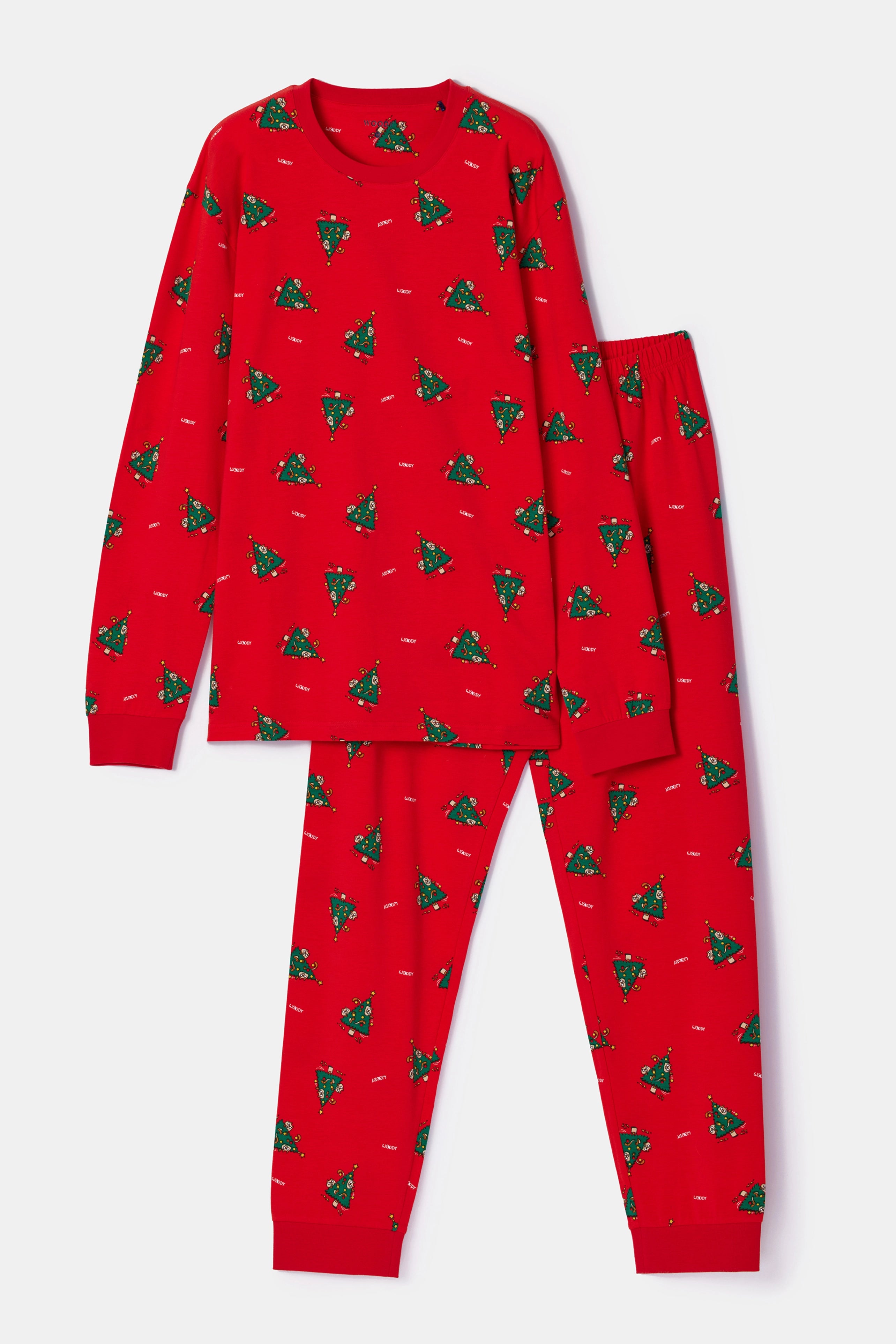WOODY Heren pyjama - rode kerstbomen print - M