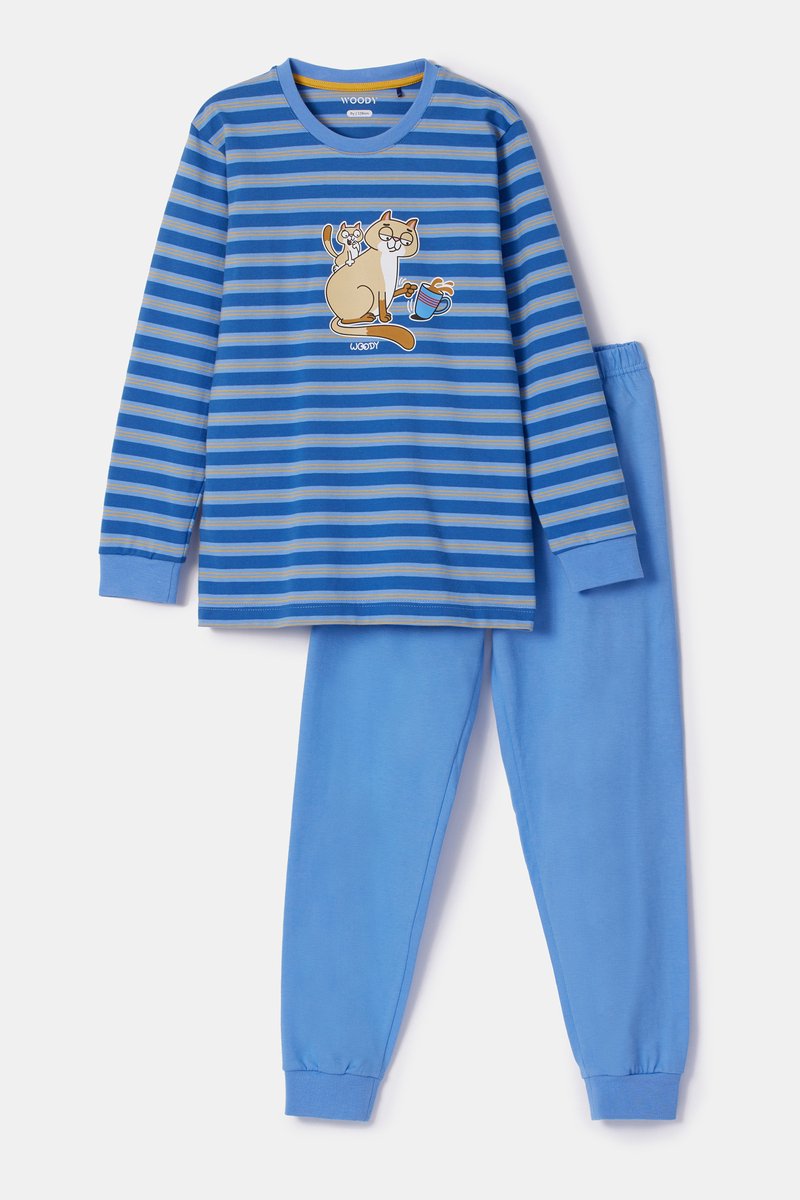 WOODY Jongens pyjama - blauwe/ gele streep - 8Y