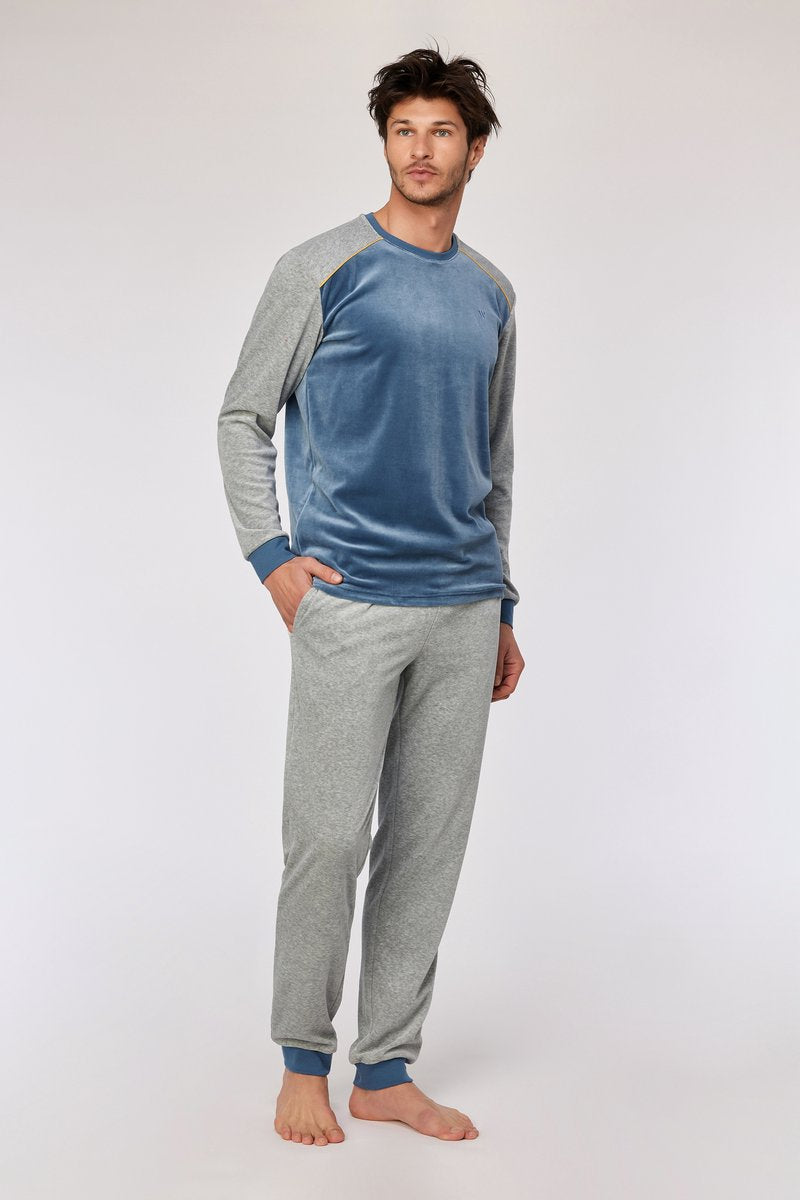 WOODY Heren pyjama - blauwgrijs - M