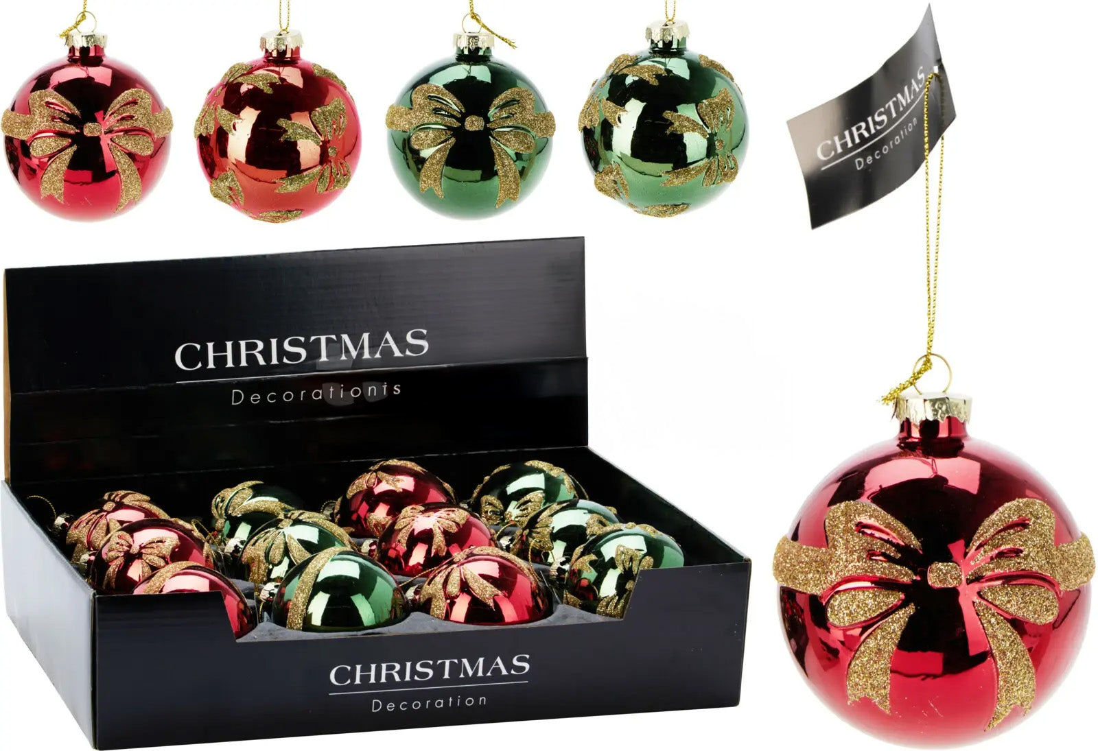 Kerstbal glas strik 80mm - ass. (prijs per stuk)