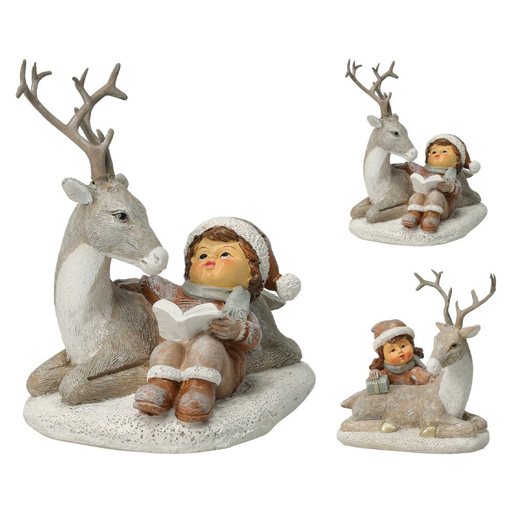 Kerstdeco rendier met kind 12cm - ass. (prijs per stuk)