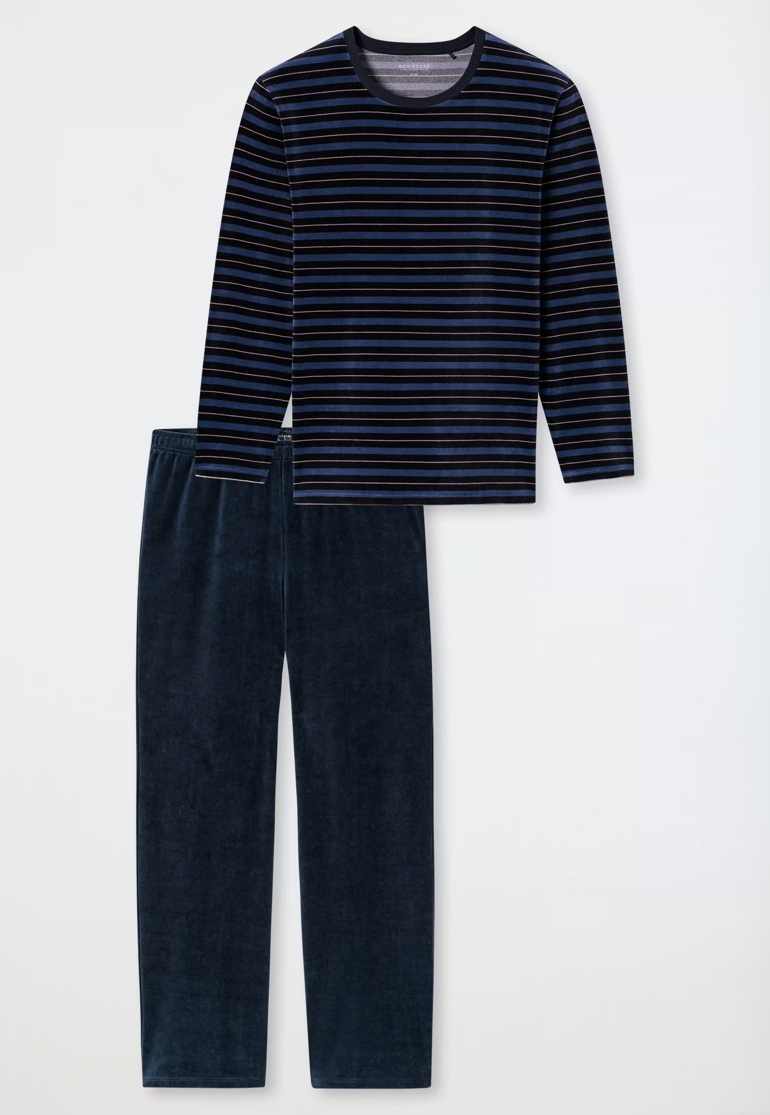 SCHIESSER Pyjama lang velours - donkerblauw/streep - XXL