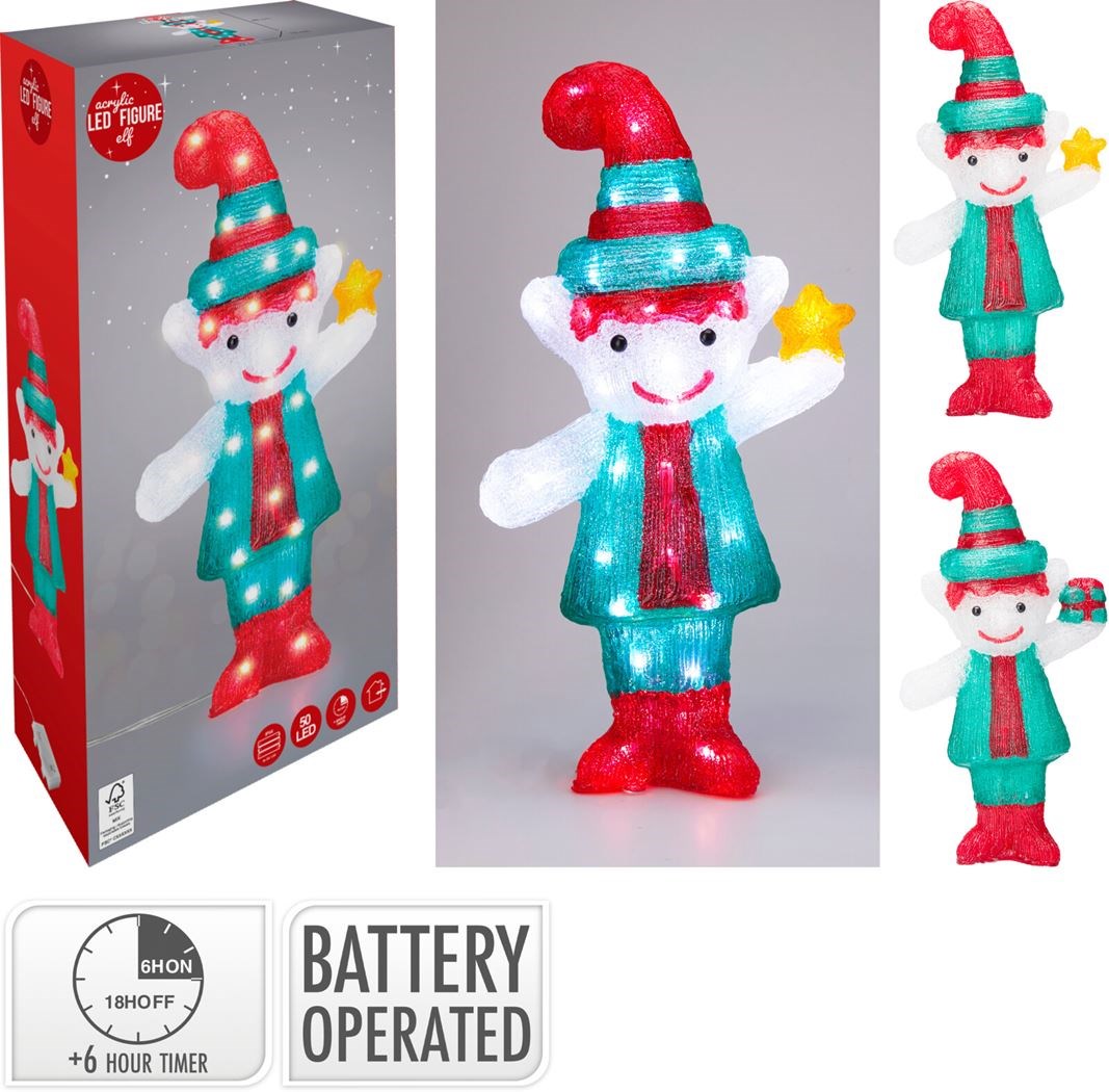 Kerst elf acryl 50LED 48cm - ass. (prijs per stuk)